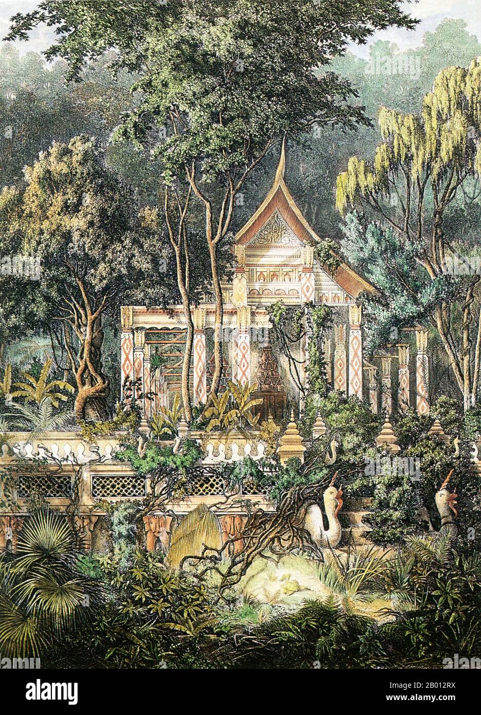 Laos: The Buddhist temple of Wat Phra Kaew was overgrown in the abandoned city of Vientiane when a French expedition arrived. Engraving by Louis Delaporte (1842-1925), 1866-1867.  Vientiane was conquered in 1779 by Siam. When King Anouvong attempted an unsuccessful rebellion in 1827, the city was looted and burned to the ground by Siamese armies. Abandoned for many years, Vientiane was depopulated, overgrown and in great disrepair when a French expedition arrived in the 1860s. It was passed into French rule in 1893 and became the capital of the French protectorate of Laos in 1899. Stock Photo