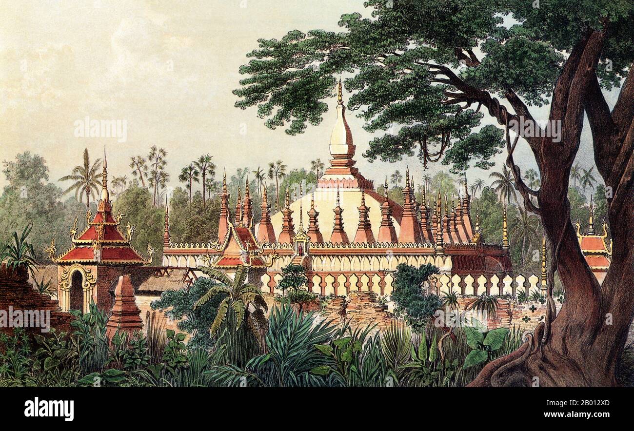 Laos: The Buddhist temple of That Luang was overgrown in the abandoned city of Vientiane when a French expedition arrived. Engraving by Louis Delaporte (1842-1925), 1866-1867.  Vientiane was conquered in 1779 by Siam. When King Anouvong attempted an unsuccessful rebellion in 1827, the city was looted and burned to the ground by Siamese armies. Abandoned for many years, Vientiane was depopulated, overgrown and in great disrepair when a French expedition arrived in the 1860s. It was passed into French rule in 1893 and became the capital of the French protectorate of Laos in 1899. Stock Photo