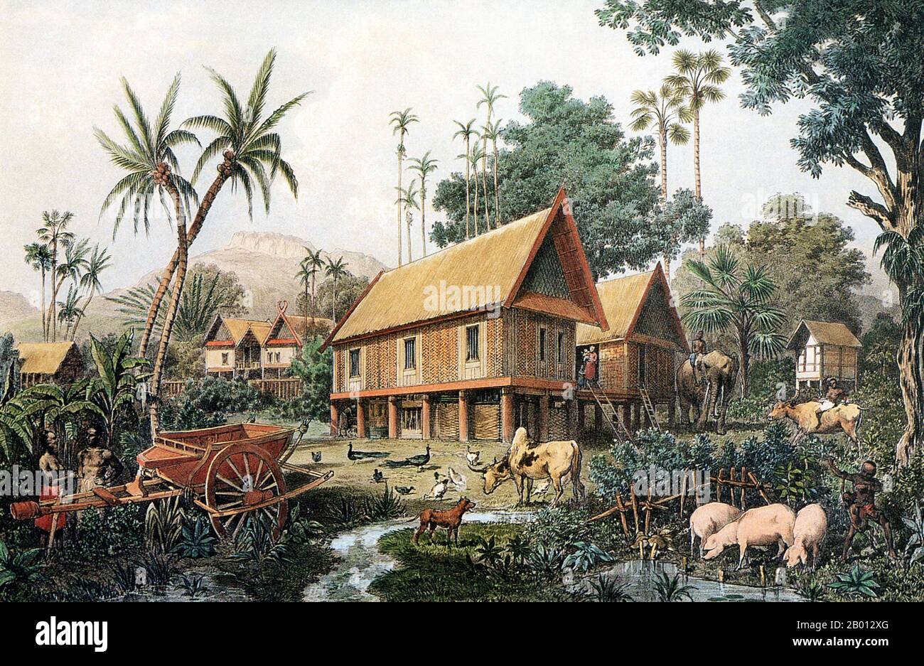 Laos: The house of a wealthy Laotian family. Engraving by Louis Delaporte (1842-1925), 1866-1867.  The house is made of rattan and bamboo. It is supported by hardwood stilts to protect the building in Monsoon season. Under the house is a chicken run and pig sty. Peacocks roam in the garden, and the hamlet is surrounded by coconut palms. Stock Photo
