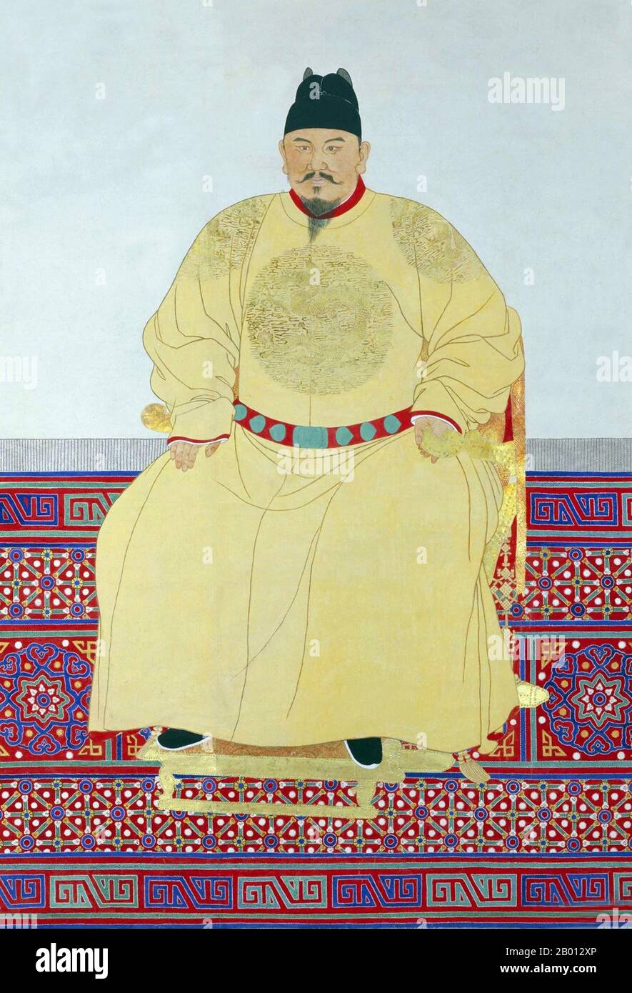China: Emperor Hongwu, 1st ruler of the Ming Dynasty (r. 1368-1398).  The Hongwu Emperor, personal name Zhu Yuanzhang and temple name Taizu, was the founder and first emperor (1368–98) of the Ming Dynasty of China. His era name, Hongwu, means 'vastly martial'. In the middle of the 14th century, with famine, plagues and peasant revolts sweeping across China, Zhu became a leader of an army that conquered China, ending the Yuan Dynasty and forcing the Mongols to retreat to the Mongolian steppes. With his seizure of the Yuan capital (present-day Beijing), he claimed the Mandate of Heaven. Stock Photo