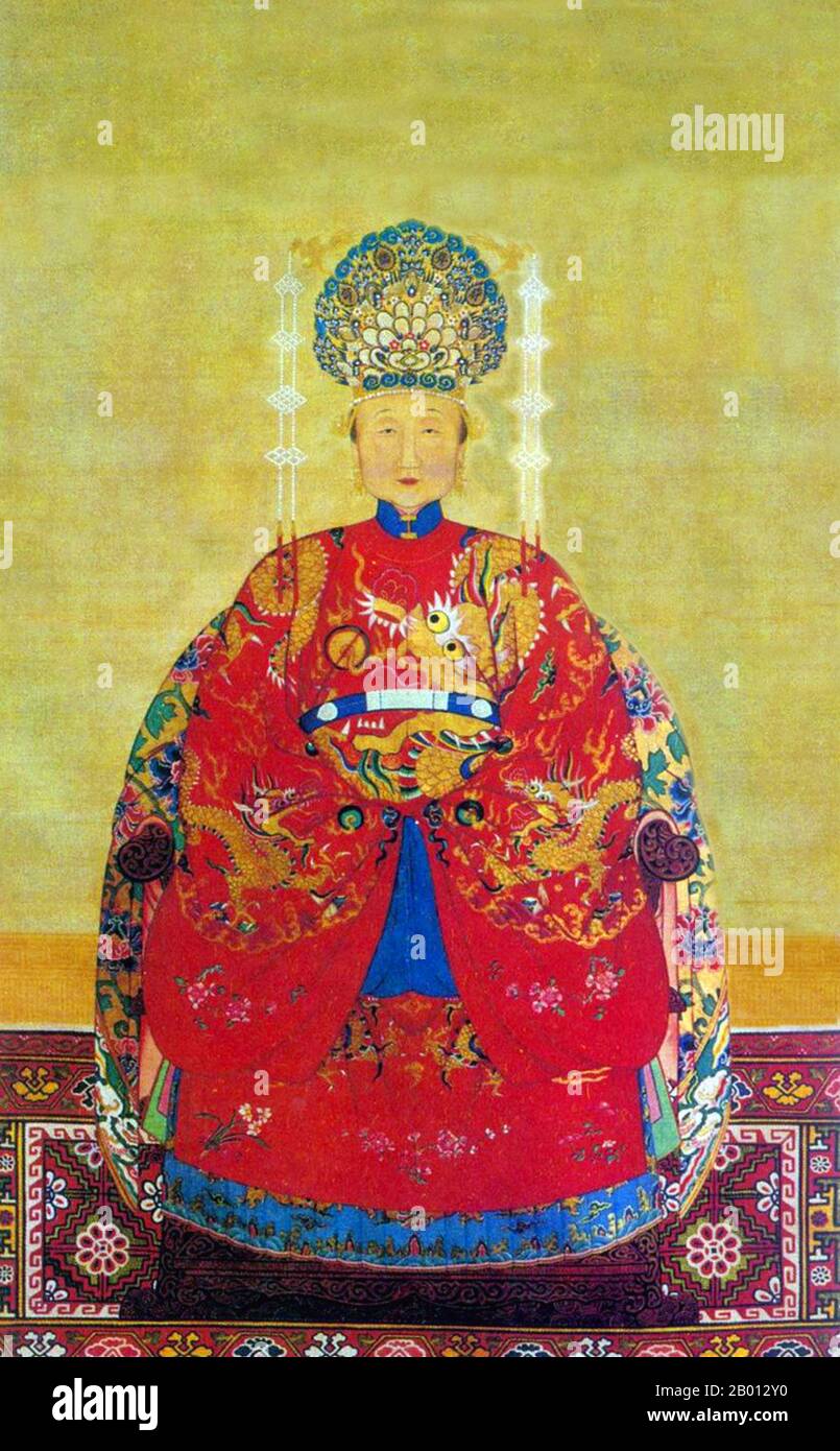 China: Lady Chen Erniang, mother of the 1st Ming Emperor Hongwu (r. 1368-1398).  The Hongwu Emperor, personal name Zhu Yuanzhang and temple name Taizu, was the founder and first emperor (1368–98) of the Ming Dynasty of China. His era name, Hongwu, means 'vastly martial'. In the middle of the 14th century, with famine, plagues and peasant revolts sweeping across China, Zhu became a leader of an army that conquered China, ending the Yuan Dynasty and forcing the Mongols to retreat to the Mongolian steppes. With his seizure of the Yuan capital (present-day Beijing), he declared himself emperor. Stock Photo
