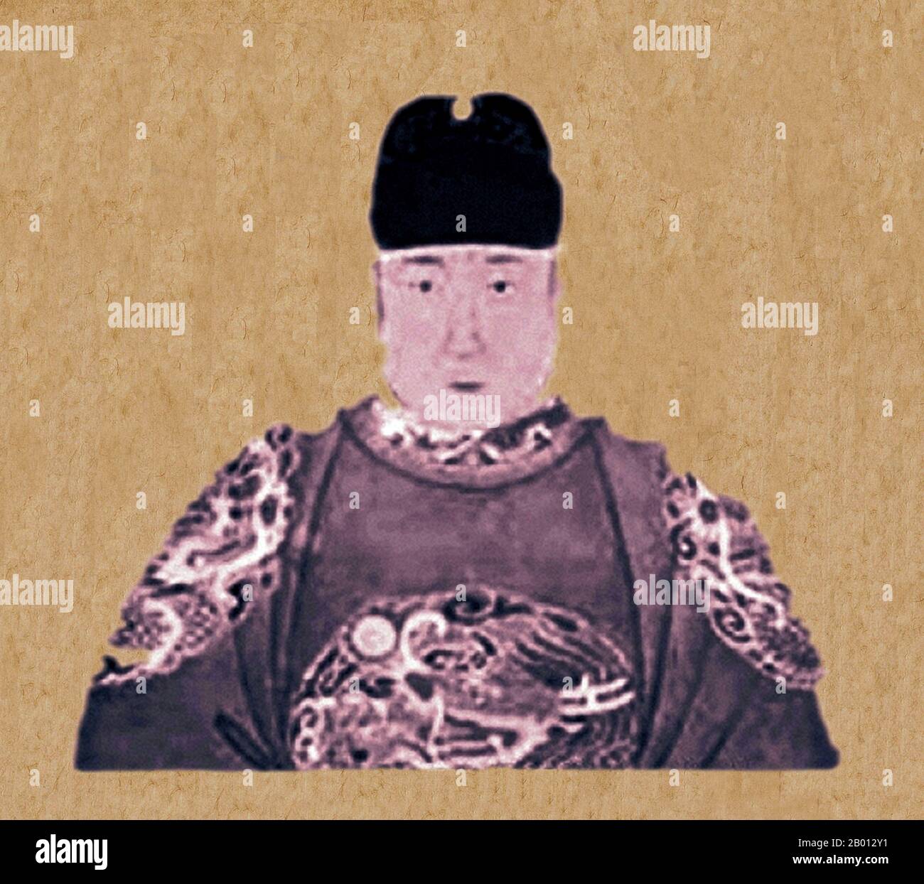 China: Emperor Jianwen, 2nd ruler of the Ming Dynasty (r. 1398-1402), 14th-17th century.  The Jianwen Emperor, personal name Zhu Yunwen, reigned as the second Emperor of the Ming dynasty. His reign name, Jianwen, means 'Establishment of civil virtue'. The Jianwen reign was short (1398–1402). After he assumed the throne, the Jianwen Emperor began to suppress feudal lords, which included his uncle Zhu Di, who subsequently rebelled against him. Zhu Di's army reached Nanjing in 1402 and burned down the palace, supposedly with the emperor and his family inside, though a body was never confirmed. Stock Photo