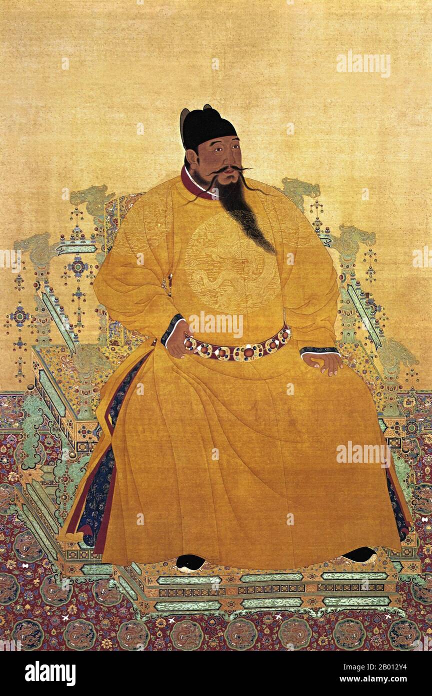 China: Emperor Yongle, 3rd ruler of the Ming Dynasty (r. 1402-1424). Hanging scroll painting, 15th-17th century.  The Yongle Emperor (1360-1424), personal name Zhu Di and temple name Chengzu, was the third emperor of the Ming Dynasty. His Chinese era name Yongle means 'Perpetual Happiness'. He became emperor by conspiring to usurp the throne from his nephew, the Jianwen Emperor. He moved the capital from Nanjing to Beijing where it was located in the following generations, and constructed the Forbidden City there. Stock Photo