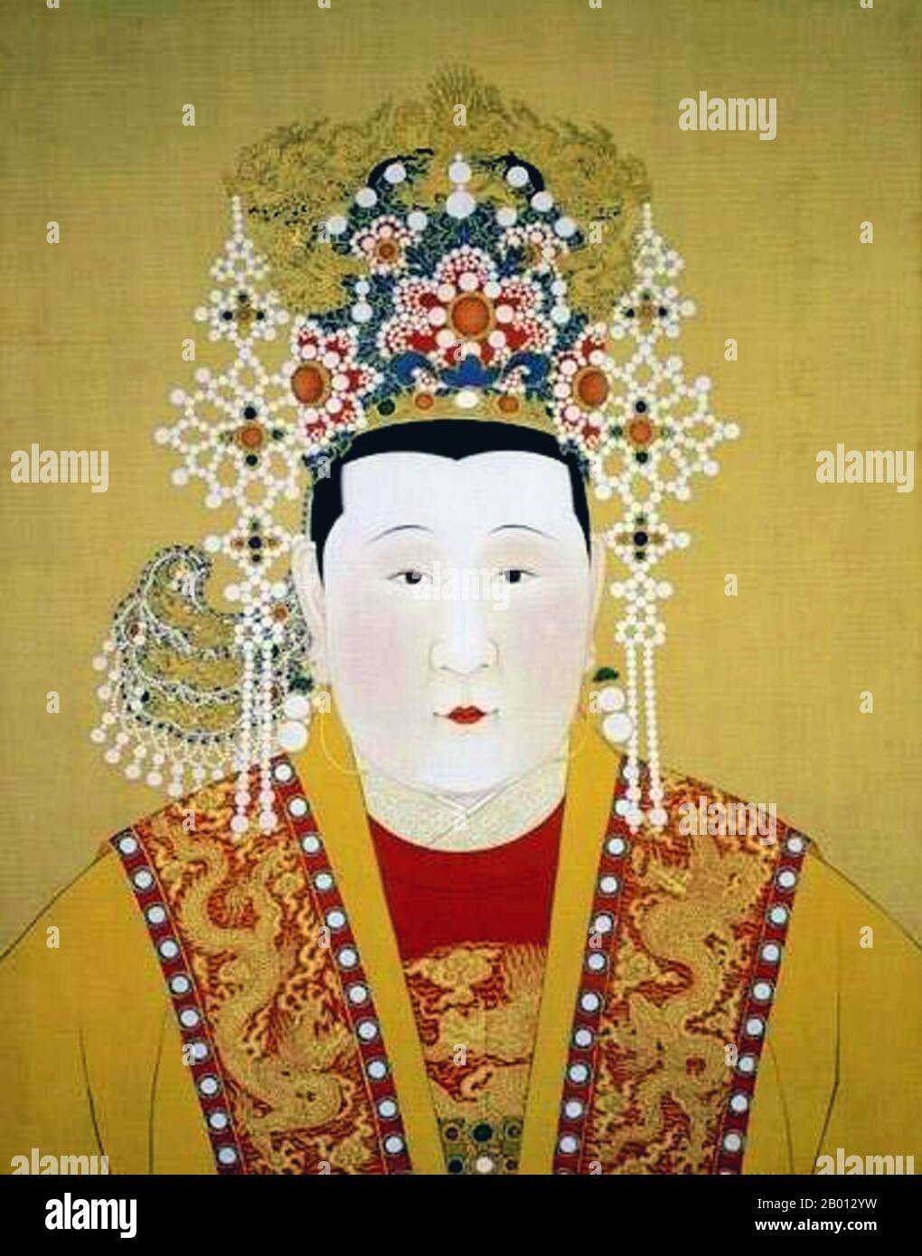China: Empress Xiao Gong Zhang (1403 - 4 September 1462), consort of the 5th Ming Emperor Xuande (r. 1425-1435). Hanging scroll painting, 15th-17th century.  Empress Sun (1403-1462), formally Empress Xiaogongzhang, was consort of the Xuande Emperor of the Ming Dynasty. She became Empress Dowager when Xuande sudddenly died in 1435, and her son became the Yingzong Emperor. She vied with her mother-in-law, Empress Dowager Zhang, for influence but was initially sidelined. Her son led a disastrous campaign that saw hundreds of thousands of Ming soldiers killed and himself captured by the Mongols. Stock Photo