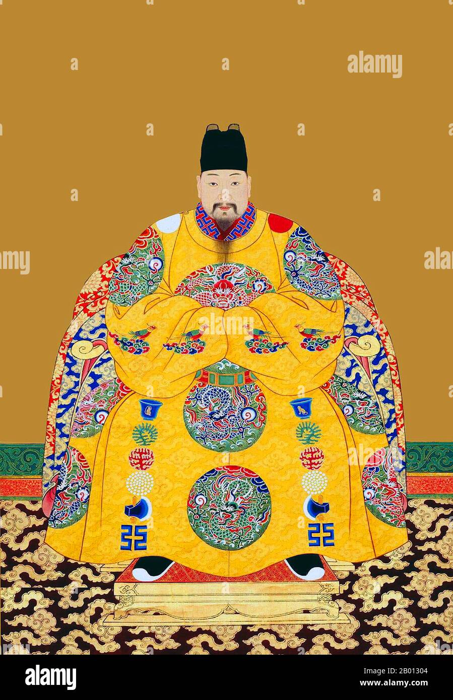 China: Emperor Jingtai (21 September 1428 - 14 March 1457), 7th ruler of the Ming Dynasty (r. 1449-1457). Hanging scroll painting, 15th-17th century.  The Jingtai Emperor (1428-1457), personal name Zhu Qiyu and temple name Daizong, was the 7th Emperor of the Ming Dynasty. His era name means 'Exalted View'. During Jingtai's reign, aided by the prominent minister Yu Qian, he paid particular attention to matters affecting his country. He repaired the Grand Canal as well as the system of dykes along the Yellow River. As a result of his efforts, the economy prospered and the dynasty strengthened, Stock Photo