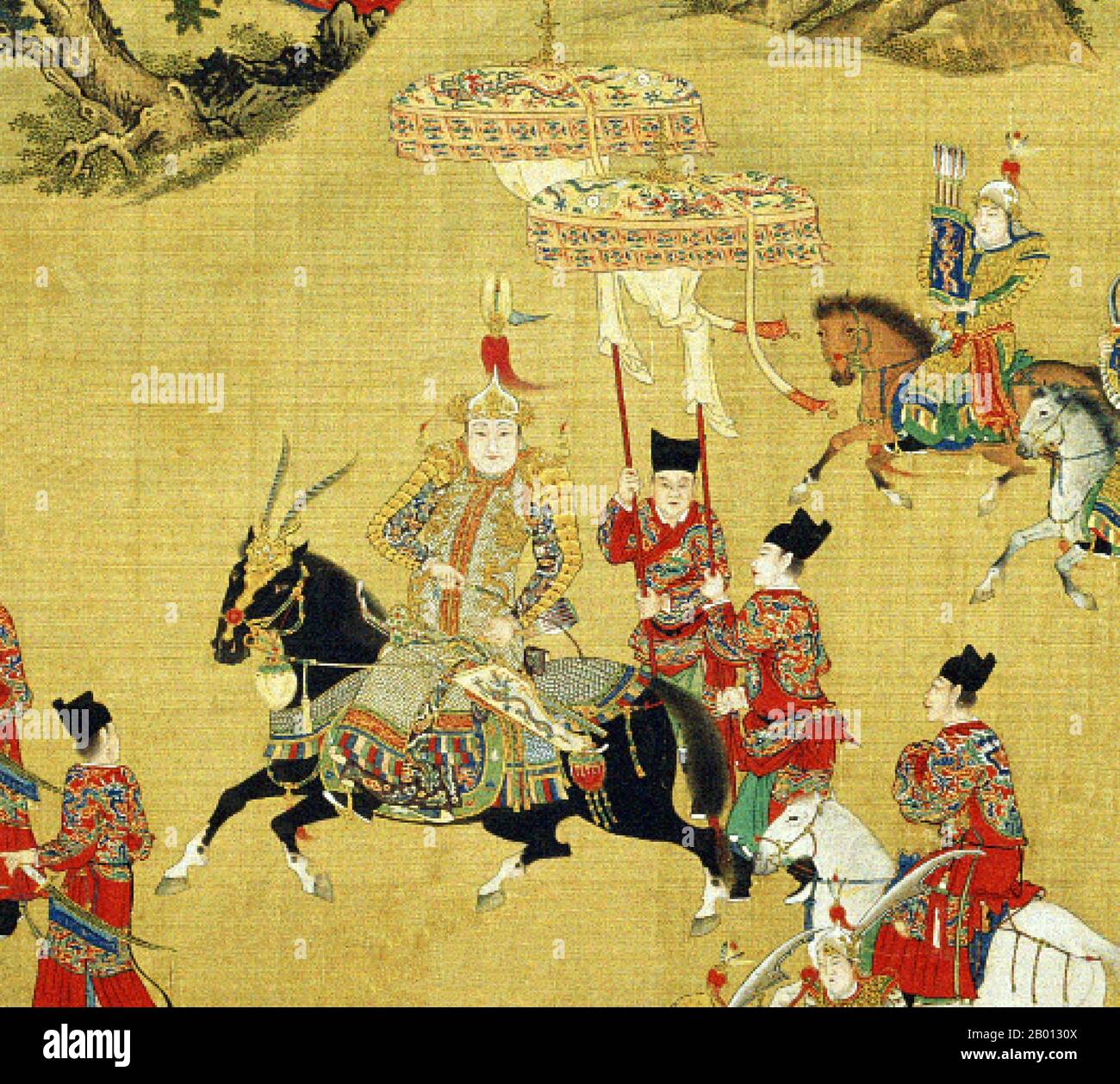 China: 'The Emperor's Approach'. Detail of silk handscroll painting, c. 1425-1435.  A panoramic handscroll painting showing the Chinese Xuande Emperor (r. 1425-1435) traveling to the Ming Dynasty Tombs with a huge cavalry escort and an elephant-driven carriage. The Xuande Emperor was portrayed in contemporary court portrait paintings; the Xuande Emperor can be seen in the right half riding a black steed and wearing a plumed helmet. He is distinguished from his entourage of bodyguards as an abnormally tall figure. Stock Photo