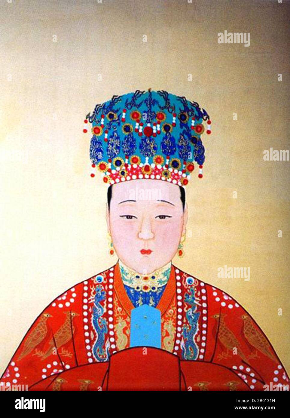 China: Empress Xiao Duan Xian (1565-1620), consort of the 14th Ming Emperor Wanli (r. 1572-1620). Hanging scroll painting, 16th-17th century.  Empress Xiaoduanxian (died 1620), personal name Wang Xijie, was the consort of the Wanli Emperor Wanli on the Ming Dynasty. She bore him no sons, and was known for her solemn manner, filial piety and extreme cruelty to her servants, often having her chambermaids beaten, sometimes to death. She became the longest serving empress consort in Chinese history. Stock Photo