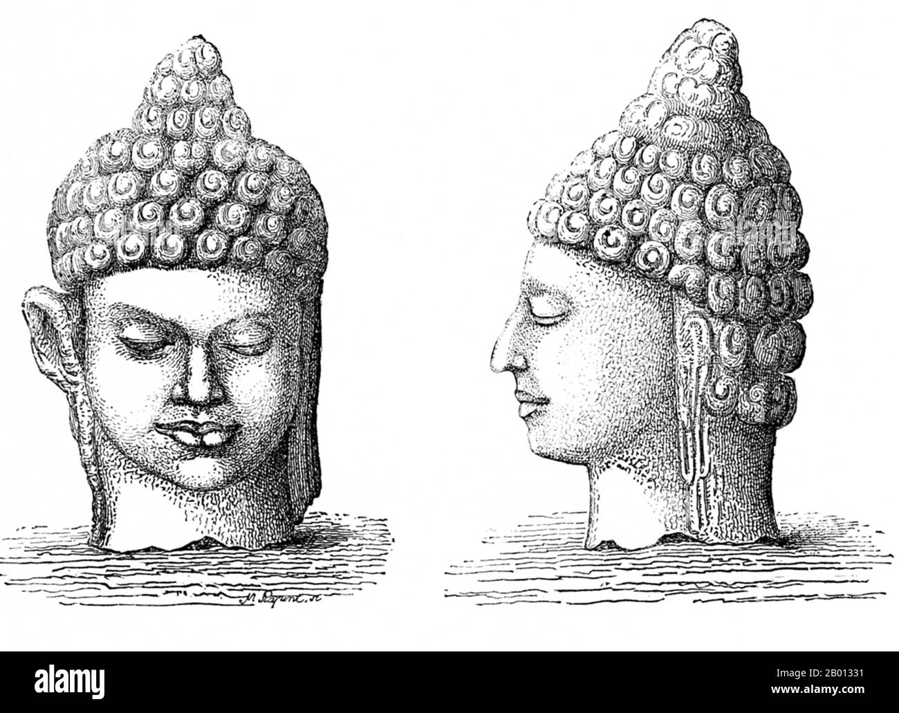 Laos: Two Buddha heads from a ruined monastery in Champasak. Redrawn from an engraving by Louis Delaporte (1842-1925), 1867.  The Kingdom of Champasak (1713-1946) was a kingdom in southern Laos that broke away from the Lan Xang kingdom in 1713. Champasak prospered at the beginning the 18th century, but it was reduced to a vassal state of Siam before the century had passed. Under French rule the kingdom was known as Bassac and became an administrative block with its royalty stripped of many of its privileges. The Kingdom of Champasak was abolished in 1946 when the Kingdom of Laos was formed. Stock Photo