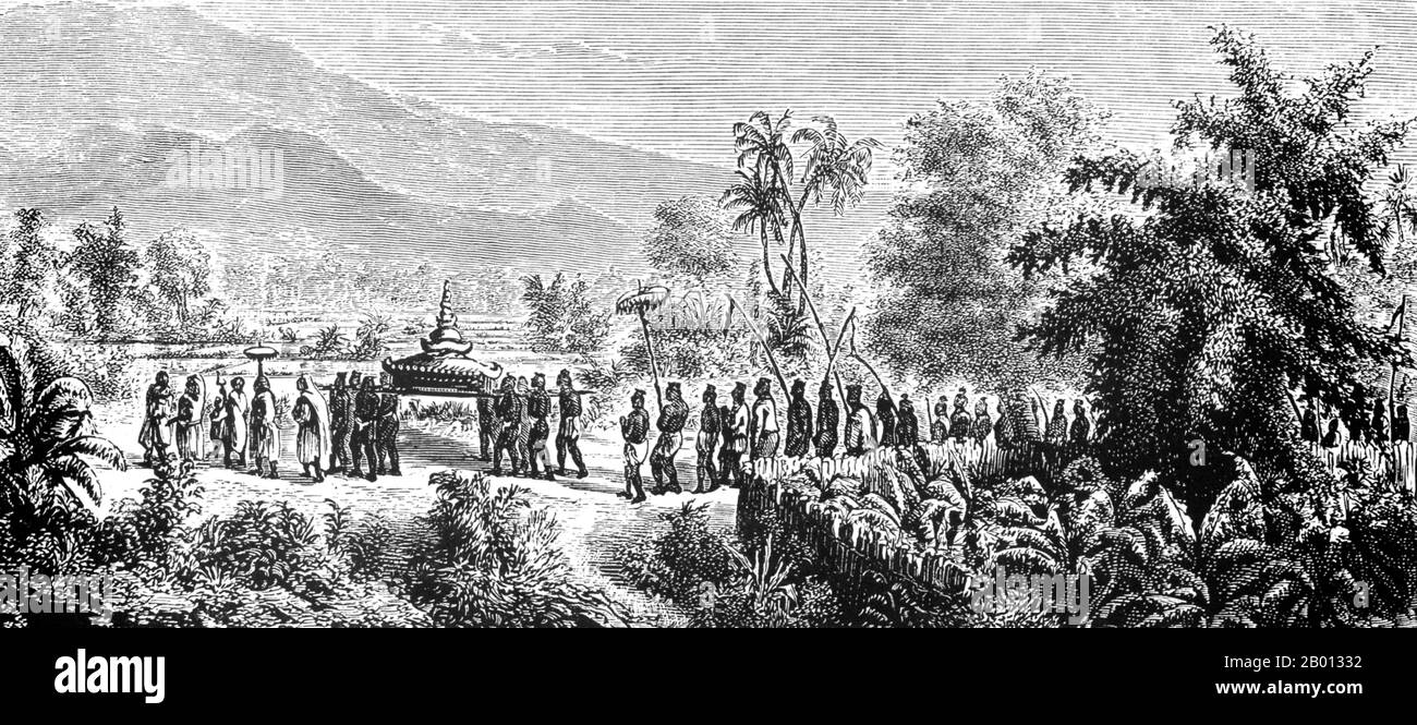 Laos: A funeral is held for a Laotian aristocrat in Champasak, southern Laos. Engraving by Louis Delaporte (1842-1925), 1866.  The Kingdom of Champasak (1713-1946) was a kingdom in southern Laos that broke away from the Lan Xang kingdom in 1713. Champasak prospered at the beginning of the 18th century, but was reduced to a vassal state of Siam before the century had passed. Under French rule the kingdom was known as Bassac and became an administrative block with its royalty stripped of many of its privileges. The Kingdom of Champasak was abolished in 1946 when the Kingdom of Laos was formed. Stock Photo