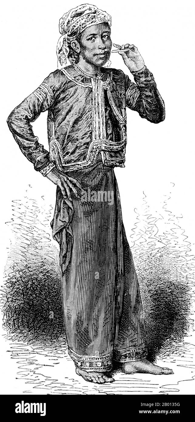 Laos/Indochina: Redrawn from a photograph, this is Alevy, the charismatic interpreter for the French Mekong expedition from 1866-1868. Engraving by Louis Delaporte (1842-1925), 1867.  According to the Mekong Exporation Commission's report: “Alevy decided to atone for his past sins in Peunom [Wat Phanom]. Once there, he had his head shaved, donned the monk's robe and after a night in prayer went to consult the pagoda's resident monk … The old man, after a few moments' reflection, told him simply: 'My son, follow your heart.' Stock Photo