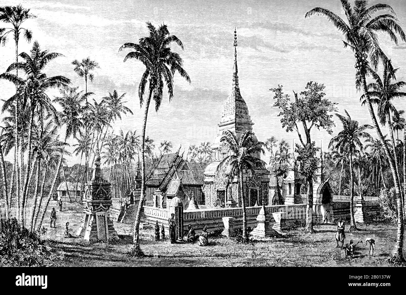Thailand/Laos: A view of a typically northeastern Thai-style chedi, located near Nakhon Phanom in northeast Thailand by the banks of the Mekong River. Engraving by Louis Delaporte (1842-1925), 1867.  Isan, also written as Isaan, Isarn, Issan, or Esarn, is the northeast region of Thailand. It is located on the Khorat Plateau, bordered by the Mekong River (along the border with Laos) to the north and east, by Cambodia to the southeast and the Prachinburi mountains south of Nakhon Ratchasima. To the west it is separated from Northern and Central Thailand by the Phetchabun mountain range. Stock Photo