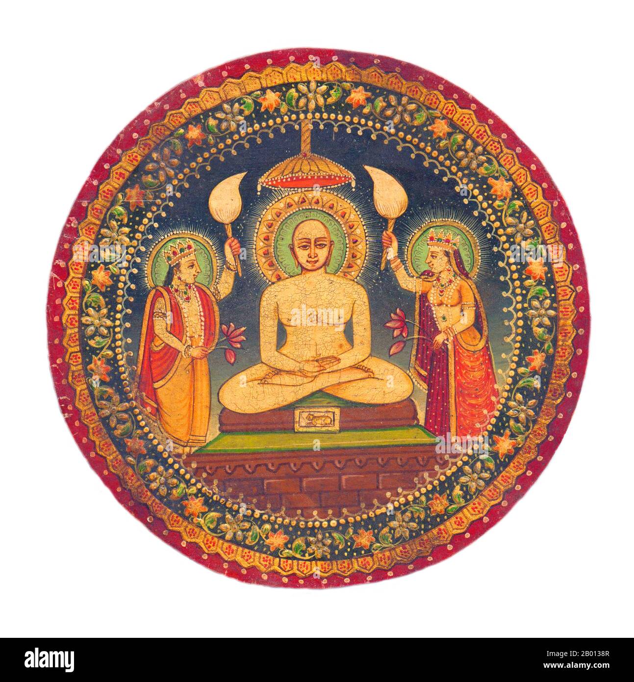 India: Mahavira, the 24th Tirthankara of Jainism (d. 527 BCE). Painting from Rajasthan, c. 1900.  Mahavira, meaning 'Great Hero', traditionally 599–527 BCE, is the name most commonly used to refer to the Indian sage Vardhamana who established what are today considered to be the central tenets of Jainism. According to Jain tradition, he was the 24th and the last Tirthankara. In Tamil, he is referred to as Arugan or Arugadevan. He is also known in texts as Vira or Viraprabhu, Sanmati, Ativira,and Gnatputra. In the Buddhist Pali Canon, he is referred to as Nigantha Nātaputta. Stock Photo