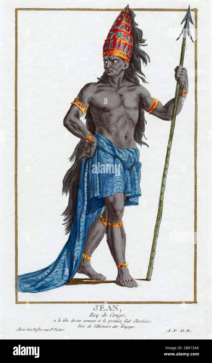 Congo: Nzinga-a-Nkuwu Joao I ne Nzinga-a-Nkuwu (1470-1509), 5th Manikongo of the Kingdom of Kongo. Engraving by Pierre Duflos (1742-1816), late 18th century - early 19th century.  João I of Kongo (1470-1509), alias Nzinga-a-Nkuwu or Nkuwu Nzinga, was ruler of the Kingdom of Kongo. He was baptised as João in 3 May 1491 by Portuguese missionaries. Initially, only the king and his nobles were to be converted, but the queen demanded to be baptised. Kongo's royal family took the names of their Portuguese counterparts, thus João, Eleanor (or Leanor in some instances) and Afonso. Stock Photo