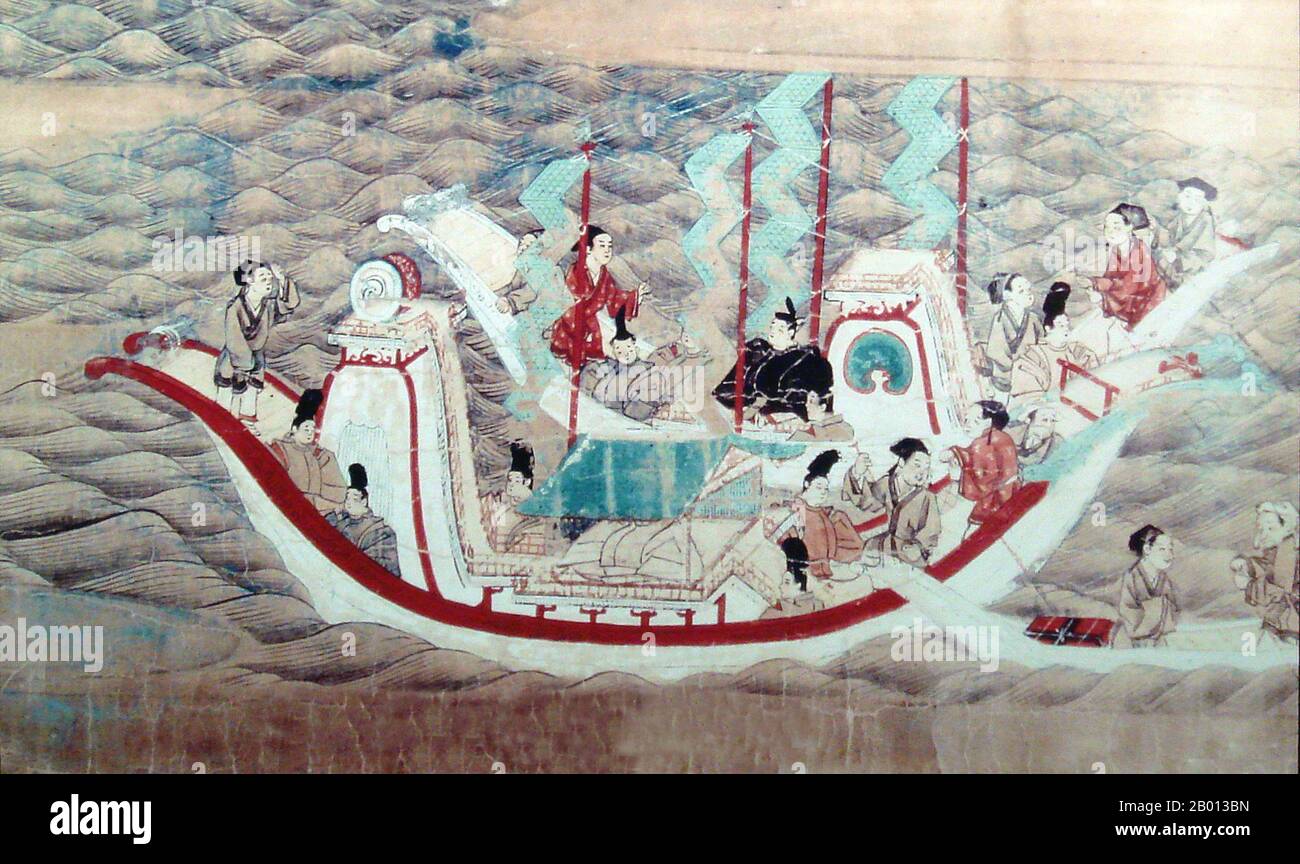 Japan/China: A Japanese diplomatic mission to the Tang Court. Handscroll painting by an anonymous Japanese artist, 8th-9th century.  Numerous Japanese missions were sent to the Tang Court during this period, viewed by the Chinese as tribute missions, but not necessarily so by the Japanese.  No fewer than six missions were sent during the reign of Emperor Gaozong of Tang (649-683) by the Kotoku, Saimei and Tenji Emperors of Japan, including a mission led by Tsumori no Kisa in 659-661 during the reign of Empress Saimei. Stock Photo