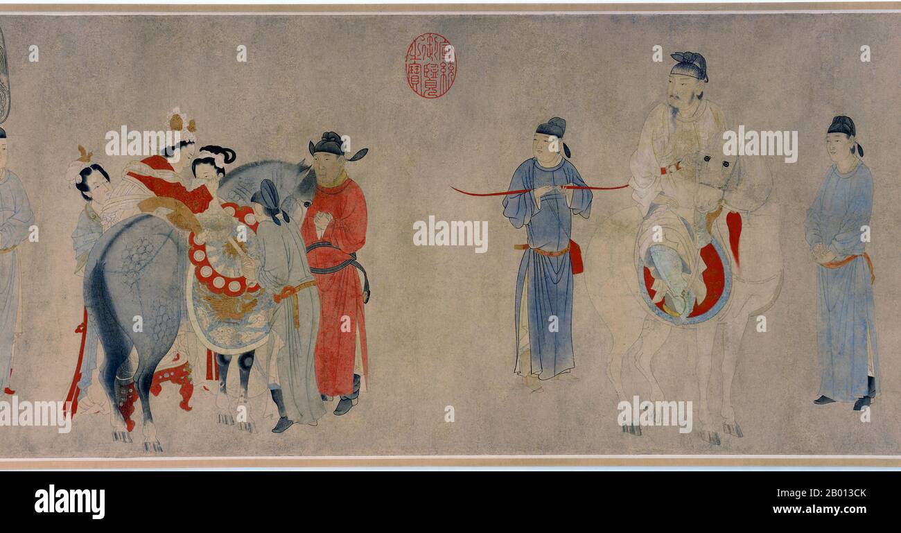 Chinese antique scroll painting Tang dynasty Riding horses on travelling journey