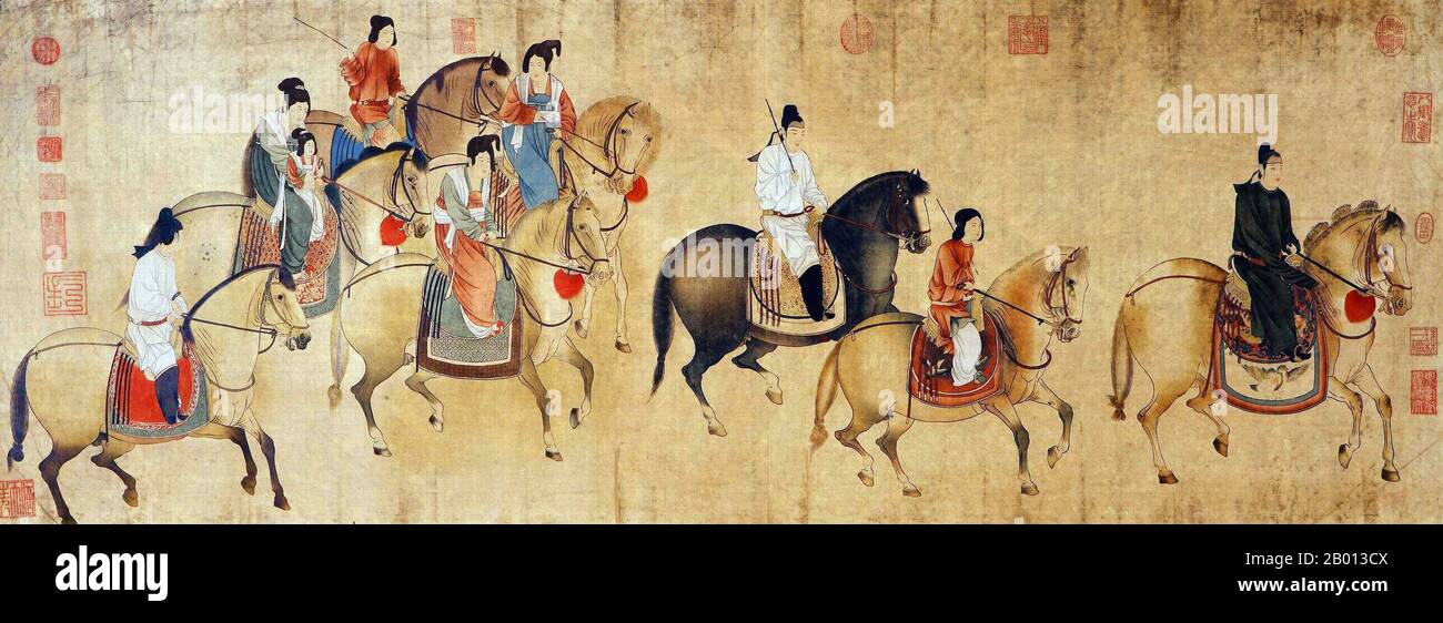 China: 'Spring Outing of the Tang Court'. Handscroll painting by Zhang Xuan (713-755), 8th century.  Zhang Xuan, who flourished during the reign of Tang Emperor Xuanzong (712-756), painted many pieces of art, one of his best known paintings is 'Court Ladies Preparing Newly-Woven Silk', of which a single copy survives, painted by Emperor Huizong of Song (r. 1100–1125) in the early 12th century. He also painted the ,Spring Outing of the Tang Court,, which was later remade by Li Gonglin. Stock Photo