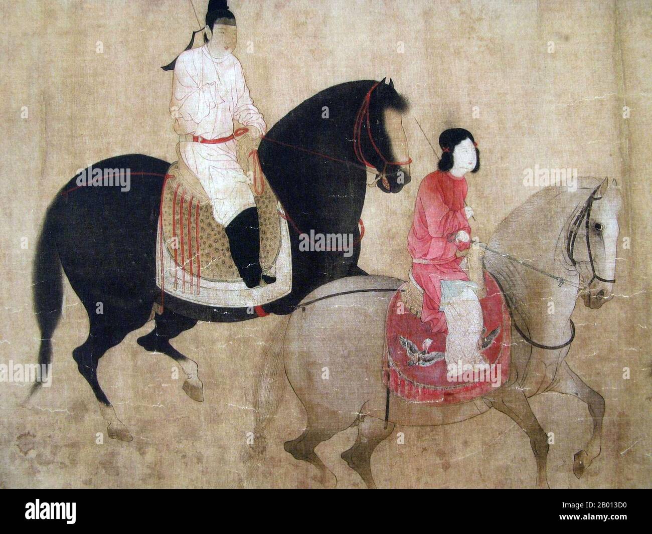 China: 'Spring Outing of the Tang Court'. Detail of handscroll painting by Zhang Xuan (713-755), 8th century.  Zhang Xuan, who flourished during the reign of Tang Emperor Xuanzong (712-756), painted many pieces of art, one of his best known paintings is 'Court Ladies Preparing Newly-Woven Silk', of which a single copy survives, painted by Emperor Huizong of Song (r. 1100–1125) in the early 12th century. He also painted the ,Spring Outing of the Tang Court,, which was later remade by Li Gonglin. Stock Photo