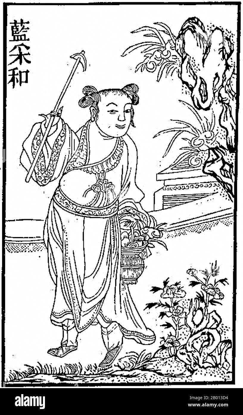 China: Lan Caihe, one of the Daoist 'Eight Immortals'. Lan is usually depicted in sexually ambiguous clothing, but is often shown as a young boy or girl carrying a bamboo flower basket. Illustration, c. 1916.  The Eight Immortals (Chinese: Baxian; Pa-hsien) are a group of legendary 'xian' (immortals; transcendents; fairies) in Chinese mythology. Each Immortal's power can give life or destroy evil. Most of them are said to have been born in the Tang Dynasty or Song Dynasty. They are revered in Daoism (Taoism) and are also a popular element in secular Chinese culture. Stock Photo