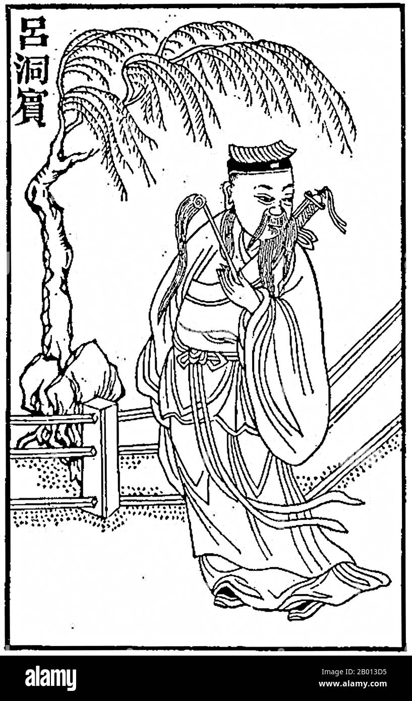 China: Lu Dongbin, one of the Daoist 'Eight Immortals'. A historical figure mentioned in the official 'History of Song', he is depicted dressed as a scholar and often bears a sword on his back that dispels evil spirits. Illustration, c. 1916.  The Eight Immortals (Chinese: Baxian; Pa-hsien) are a group of legendary 'xian' (immortals; transcendents; fairies) in Chinese mythology. Each Immortal's power can give life or destroy evil. Most of them are said to have been born in the Tang Dynasty or Song Dynasty. They are revered in Daoism (Taoism) and are also a popular element in secular culture. Stock Photo