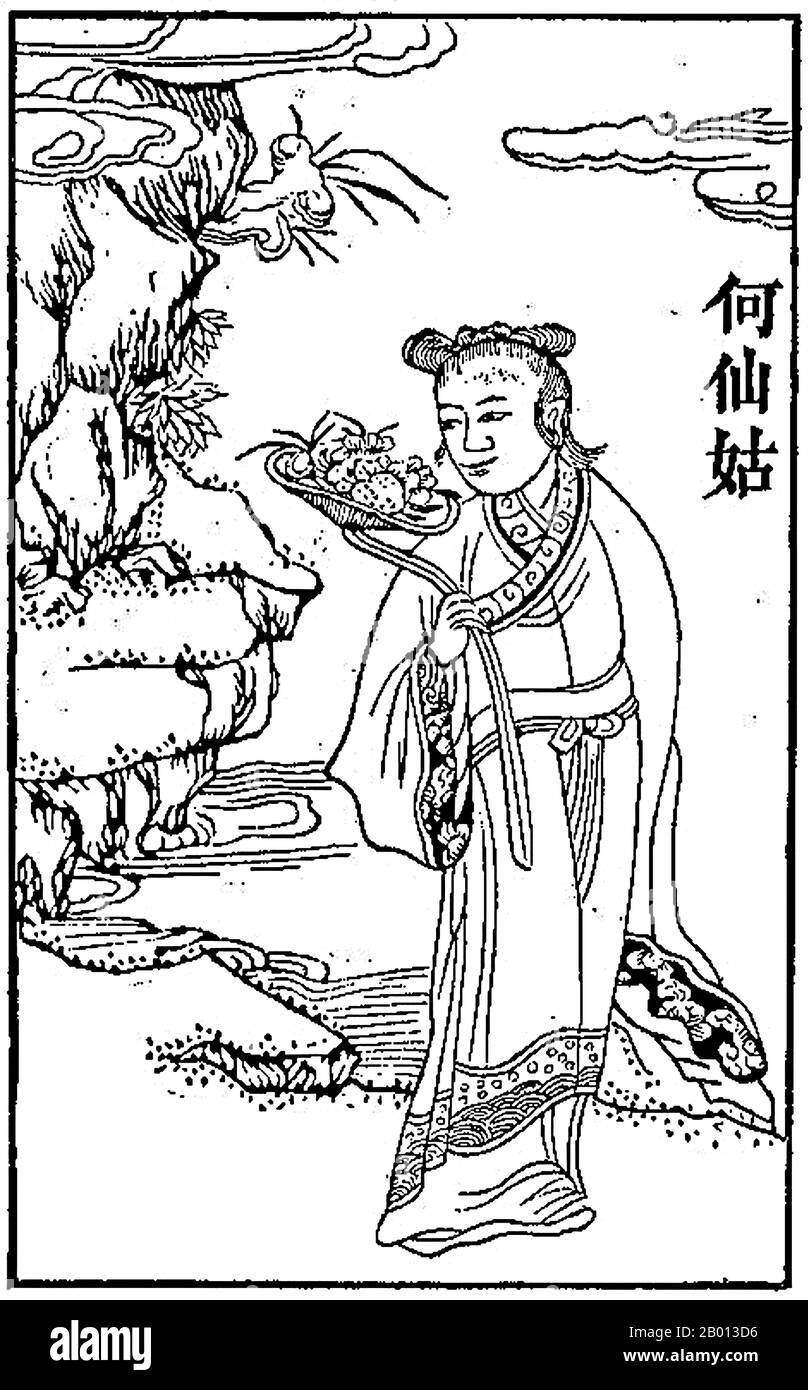 China: He Xiangu, one of the Daoist 'Eight Immortals'. Named He Qiong or 'Immortal Woman He, she is the only female deity among the Eight Immortals. Illustration, c. 1916.  The Eight Immortals (Chinese: Baxian; Pa-hsien) are a group of legendary 'xian' (immortals; transcendents; fairies) in Chinese mythology. Each Immortal's power can give life or destroy evil. Most of them are said to have been born in the Tang Dynasty or Song Dynasty. They are revered in Daoism (Taoism) and are also a popular element in secular Chinese culture. Stock Photo
