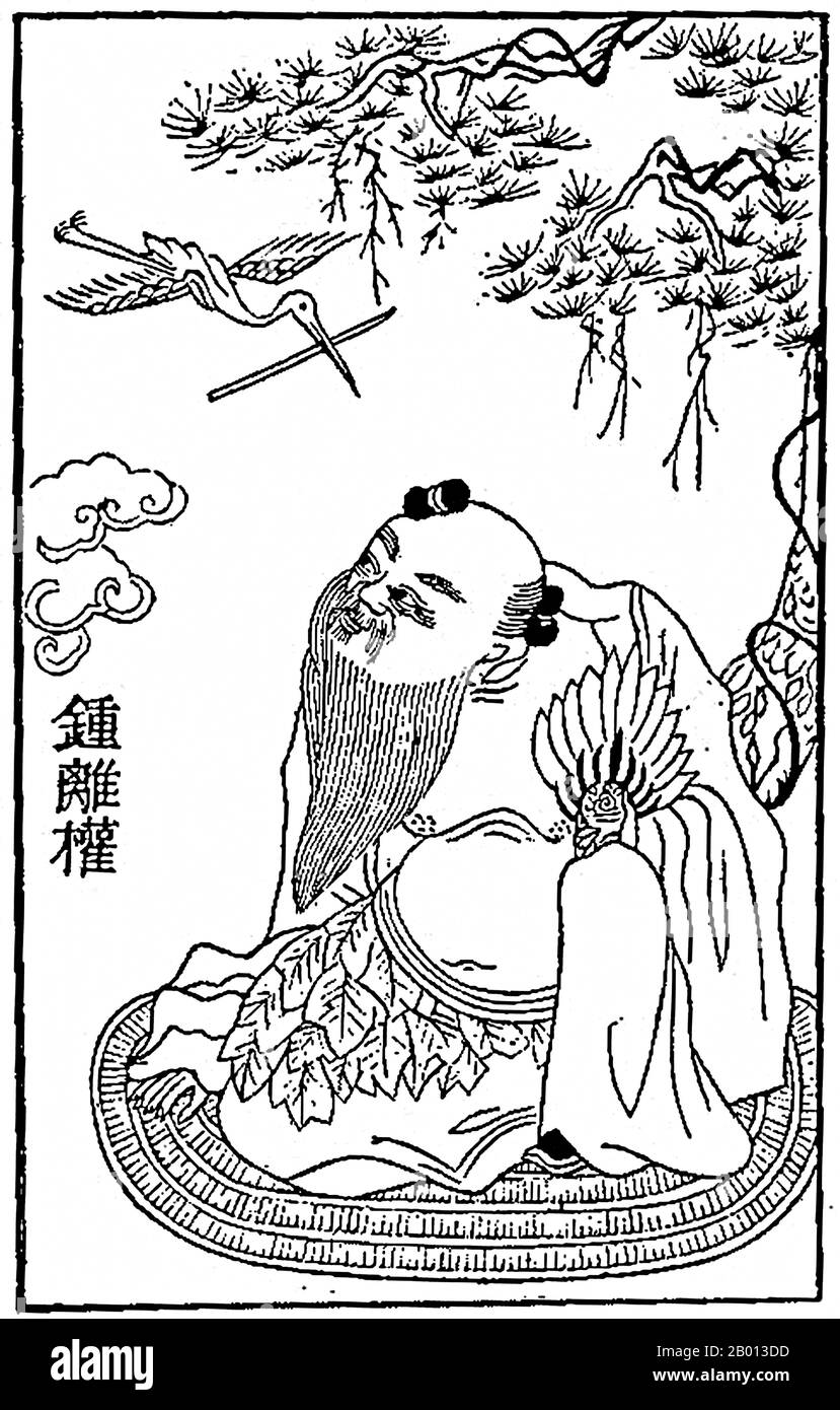 China: Zhongli Quan, one of the Daoist 'Eight Immortals'. He is said to be born during the Han Dynasty. He possesses a fan which has the magical ability of reviving the dead. Illustration, c. 1916.  The Eight Immortals (Chinese: Baxian; Pa-hsien) are a group of legendary 'xian' (immortals; transcendents; fairies) in Chinese mythology. Each Immortal's power can give life or destroy evil. Most of them are said to have been born in the Tang Dynasty or Song Dynasty. They are revered in Daoism (Taoism) and are also a popular element in secular Chinese culture. Stock Photo