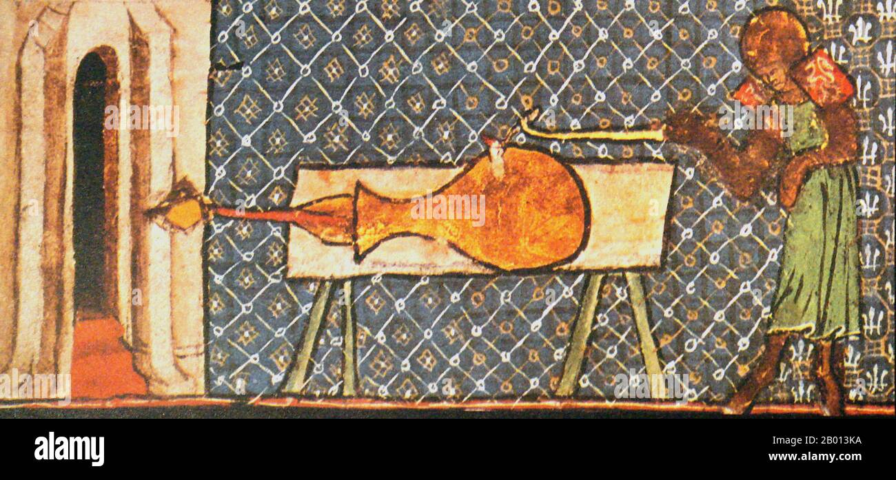 England/France: The earliest illustration of a European cannon (a 'pot-de-fer' or 'iron pot'), from 'De nobilitatibus, sapientiis, et prudentiis regum' by Walter de Milemete (fl. 14th century), 1326  Walter de Milemete was an English scholar who wrote a treatise on kingship for the young prince Edward, later king Edward III of England, called 'De nobilitatibus, sapientiis, et prudentiis regum' (1326). One of the marginal border illustrations in the Milemete Treatise shows a soldier firing a large vase-shaped cannon, an arrow-shaped projectile seen projecting from the cannon. Stock Photo