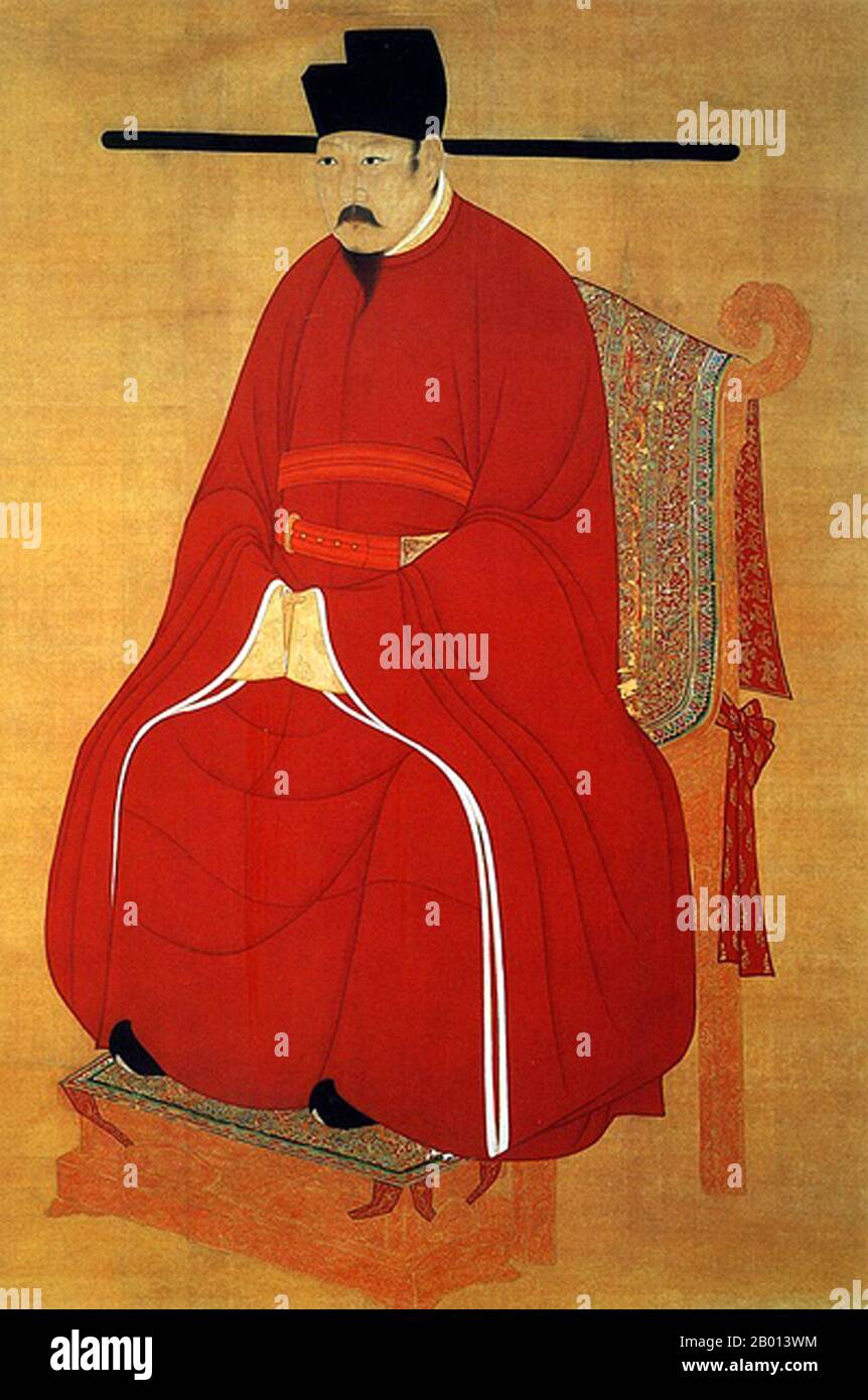 China: Emperor Renzong (Zhao Zhen, 30 May 1010 - 30 April 1063), 4th ruler of the (Northern) Song Dynasty (r. 1022-1063). Hanging scroll painting, c. 1022-1063.  Emperor Renzong of Song, personal name Zhao Zhen and originally known as Zhao Shouyi, was the fourth emperor of the Song Dynasty. He reigned from 1022 to 1063. Renzong was the son of Emperor Zhenzong. Despite his long reign of over 40 years, Renzong is not widely known. His reign marked the high point of Song influences and power but was also the beginning of its slow disintegration that would persist over the next century and a half. Stock Photo