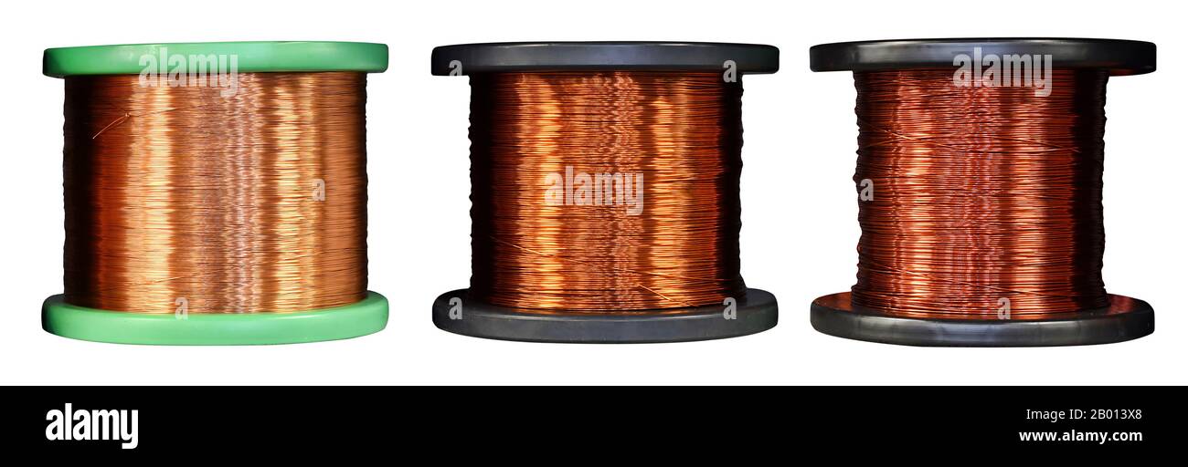 Three copper wire coils, viewed from the side isolated on white background Stock Photo