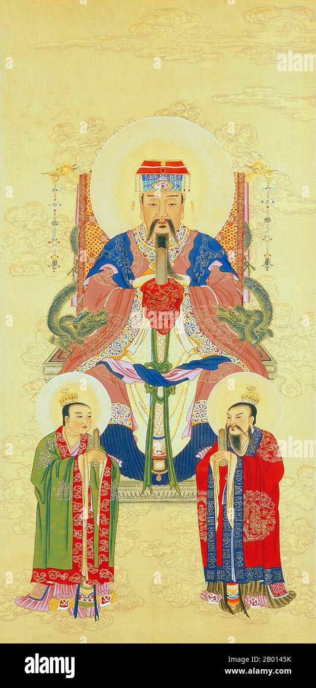 China: Nanji Changsheng Dadi, the 'Great Emperor of Longevity of the South Pole'. Third of the Four Heavenly Ministers (Siyu) of Daoism. Hanging scroll painting, 20th century.  The South Pole Emperor of Longevity is in charge of all spirits.  In Daoist ritual, as well as the Three Pure Ones, the Four Heavenly Ministers are also worshipped. Each of the Four Heavenly Ministers has his own divine birthday. Many Daoists go to temples to burn incense on these days. Stock Photo