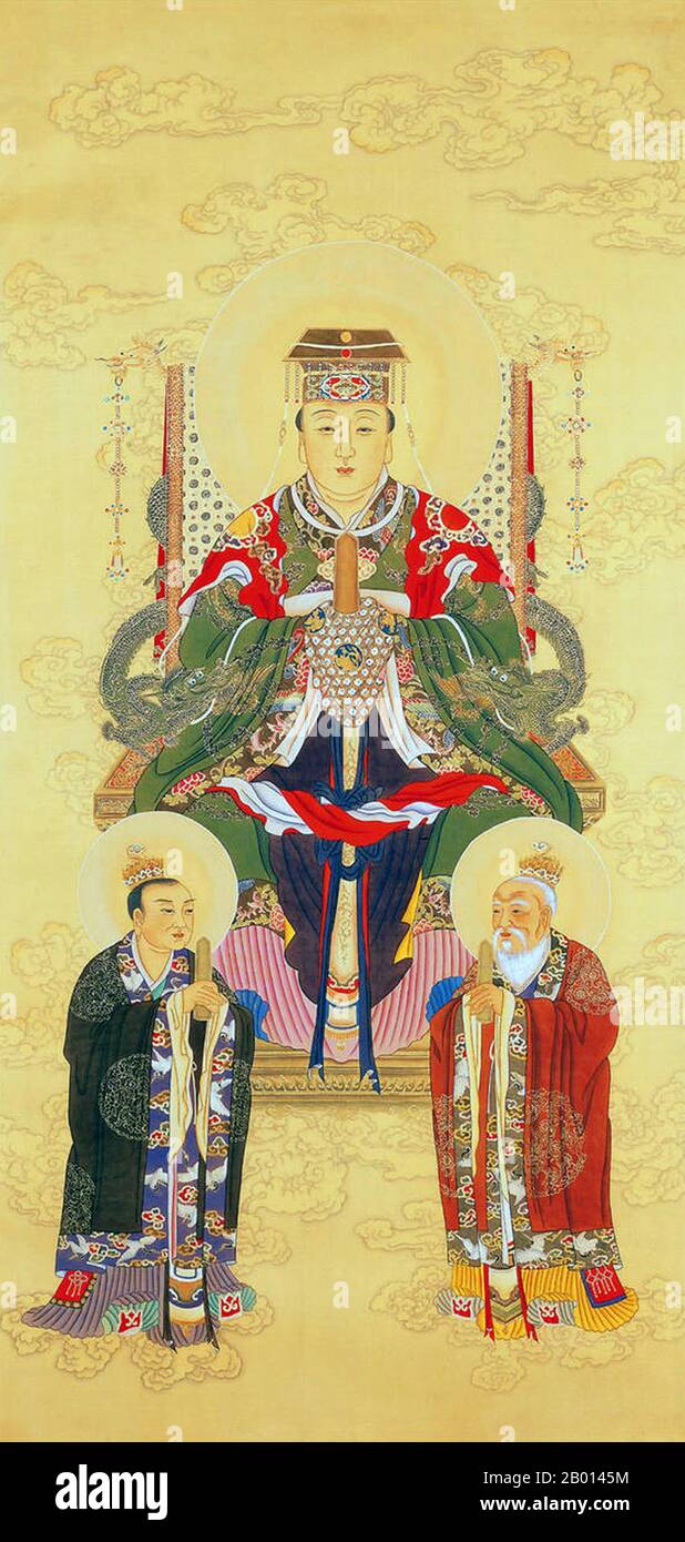 China: Houtu Huangdi, the 'Emperor of the Earth'. Fourth of the Four Heavenly Ministers (Siyu) of Daoism. Hanging scroll painting, 20th century.  Houtu or Houtushen (Goddess Queen of the Earth), also known as Houtu Niangniang, Dimu and Dimu Niangniang (Lady Mother Earth) is the Imperial Goddess of the Earth and is in charge of births, land, rivers, and mountains.  In Daoist ritual, as well as the Three Pure Ones, the Four Heavenly Ministers are also worshipped. Each of the Four Heavenly Ministers has their own divine birthday, and many Daoists go to temples to burn incense on these days. Stock Photo