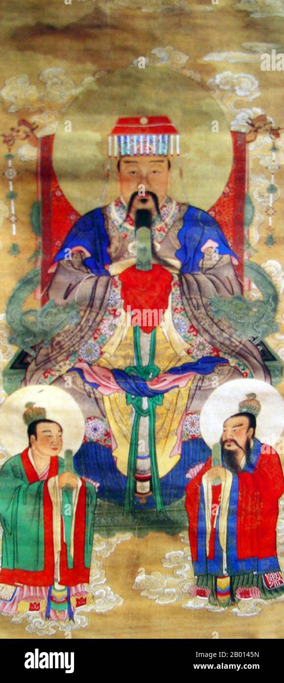 China: Nanji Changsheng Dadi, the 'Great Emperor of Longevity of the South Pole'. Third of the Four Heavenly Ministers (Siyu) of Daoism. Hanging scroll painting, 19th century.  The South Pole Emperor of Longevity is in charge of all spirits.  In Daoist ritual, as well as the Three Pure Ones, the Four Heavenly Ministers are also worshipped. Each of the Four Heavenly Ministers has his own divine birthday. Many Daoists go to temples to burn incense on these days. Stock Photo