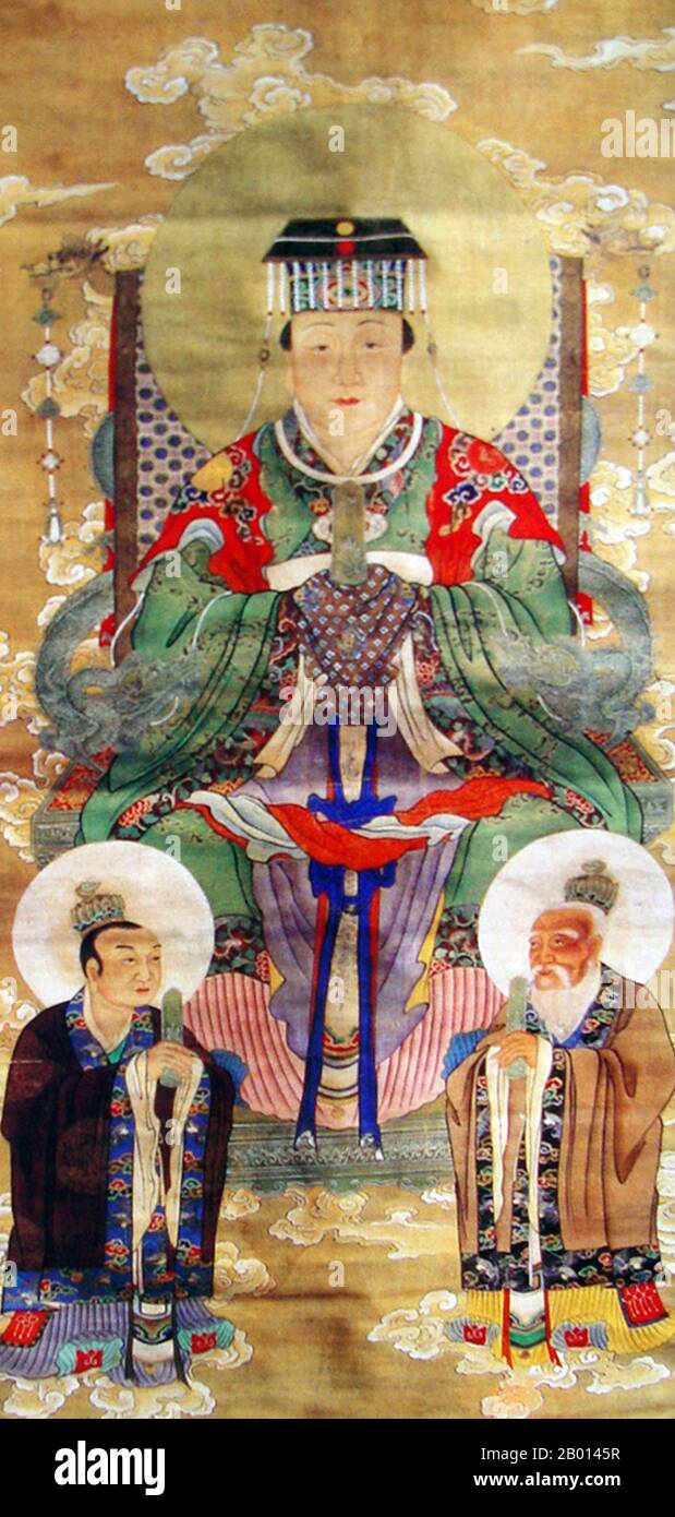 China: Houtu Huangdi, the 'Emperor of the Earth'. Fourth of the Four Heavenly Ministers (Siyu) of Daoism. Hanging scroll painting, 19th century.  Houtu or Houtushen (Goddess Queen of the Earth), also known as Houtu Niangniang, Dimu and Dimu Niangniang (Lady Mother Earth) is the Imperial Goddess of the Earth and is in charge of births, land, rivers, and mountains.  In Daoist ritual, as well as the Three Pure Ones, the Four Heavenly Ministers are also worshipped. Each of the Four Heavenly Ministers has their own divine birthday, and many Daoists go to temples to burn incense on these days. Stock Photo