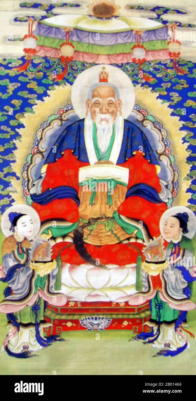 China: 'The Red Emperor of Trueness and Three Qi in the South' of the Daoist pantheon. Hanging scroll painting, 20th century.  Chidi or Chishen, also known as Nandi or Nanyuedadi, was the Red Deity/Emperor and one of the fivefold manifestations ('Wufang Shangdi') of the supreme God of Heaven, Tian. He was once mortal and known as Yandi, the Flame Emperor; sometimes he is also connected to Shennong and Chiyou, two other ancient Chinese rulers. Associated with fire, Chidi is the god of agriculture, animal husbandry and medicinal plants, broadly seen as the god of science and craft. Stock Photo