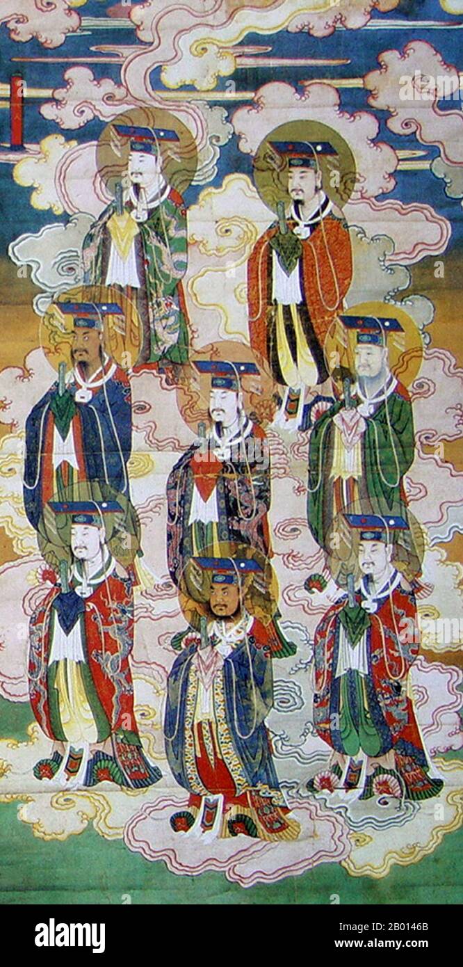 China: The Eight Celestial Emperors in the East, from the Daoist pantheon. Mural, 19th century. Stock Photo