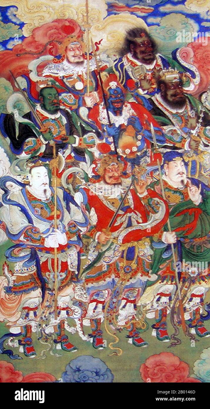 China: The Eight Celestial Divine Generals in the West, from the Daoist pantheon. Mural, 19th century. Stock Photo