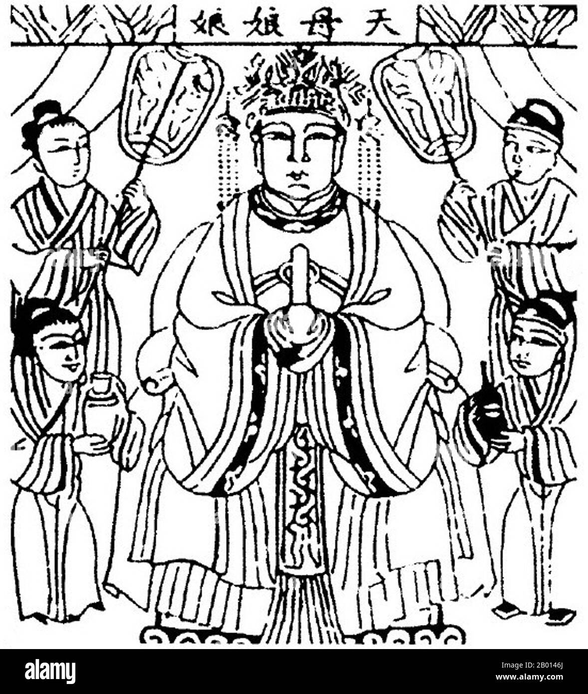China: Xiwangmu, The Queen Mother of the West. Illustration, c. 18th-19th century.  Xiwangmu, the Queen Mother of the West, is a goddess in Chinese religion. Though she is most often connected to Daoism, her existence and worship predates organised Daoism, with information tracing back to oracle bone inscriptions form the 15th century BCE.  She is believed to be the dispenser of longevity, prosperity and eternal bliss. As the ancestor of Female Immortals, Xiwangmu lives in the Kunlun Mountains. All women who have attained immortality are under her rule. Stock Photo