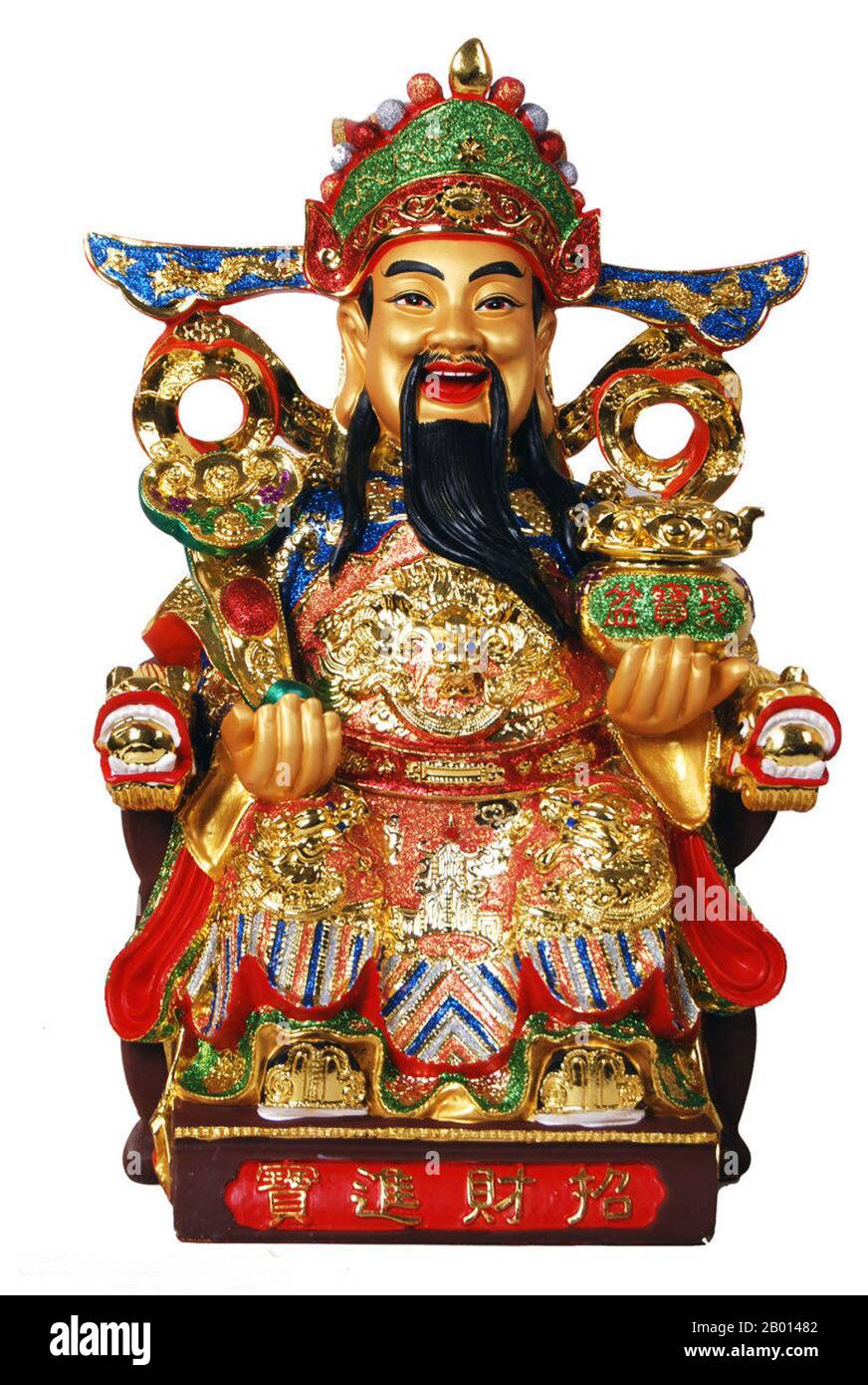 China: Cai Shen (Wade–Giles: Tsai Shen; Cantonese: Choy Sun, Hakka: Choy Sin) is the Chinese God of Wealth or Prosperity.  Cai Shen can also be referred to as Zhao Gongming (Chao Kung-ming) or Bi Gan (Pi-kan). Though Cai Shen began as a Chinese folk hero, later deified and venerated by local followers and admirers, Taoism and Pure Land Buddhism also came to venerate him as a god. Cai Shen's name is often invoked during the Chinese New Year celebrations. He is often depicted riding a black tiger and holding a golden rod. Stock Photo