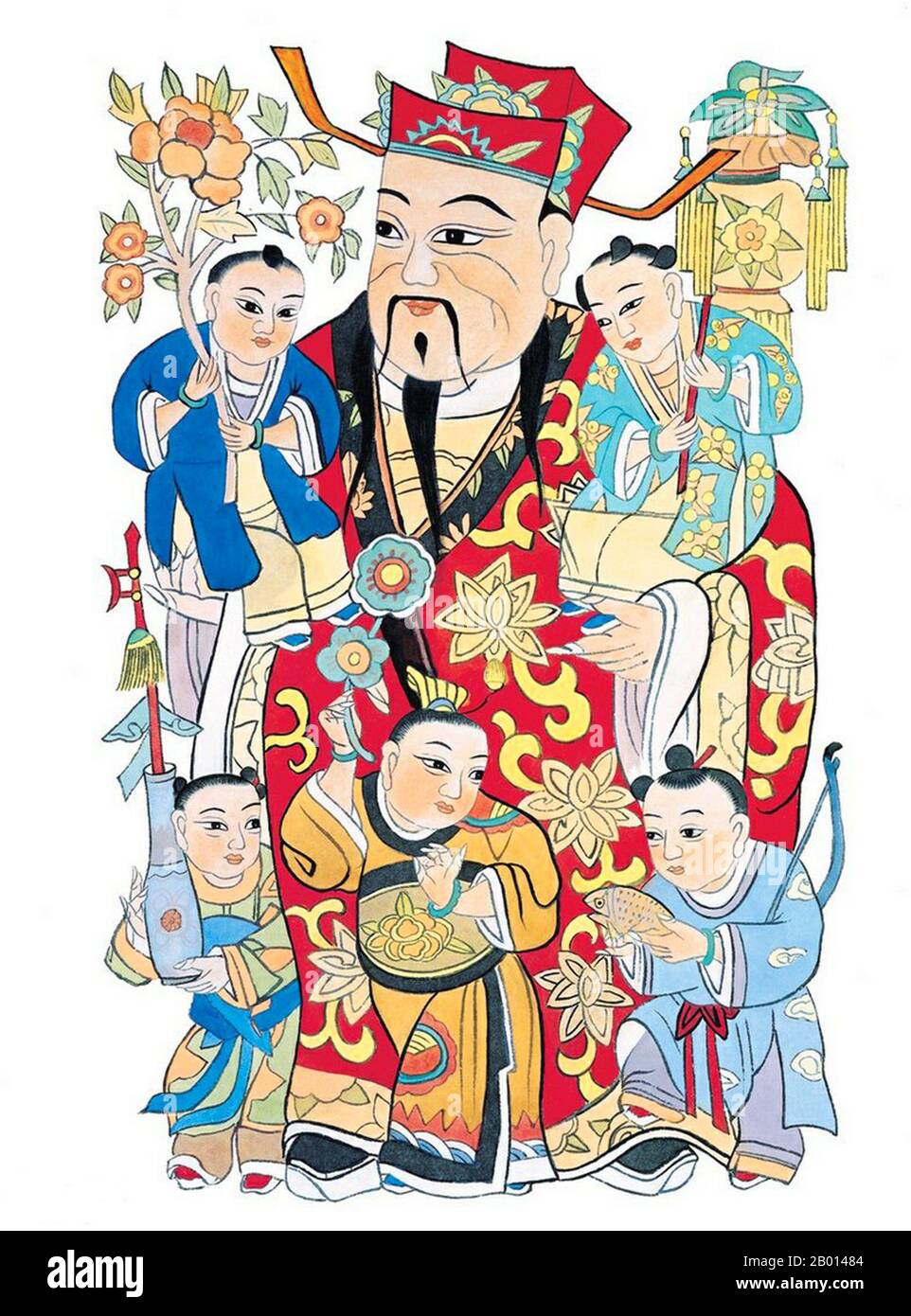 China: Cai Shen (Wade–Giles: Tsai Shen; Cantonese: Choy Sun, Hakka: Choy Sin) is the Chinese God of Wealth or Prosperity. Painting, 20th century.  Cai Shen can also be referred to as Zhao Gongming (Chao Kung-ming) or Bi Gan (Pi-kan). Though Cai Shen began as a Chinese folk hero, later deified and venerated by local followers and admirers, Taoism and Pure Land Buddhism also came to venerate him as a god. Cai Shen's name is often invoked during the Chinese New Year celebrations. He is often depicted riding a black tiger and holding a golden rod. Stock Photo