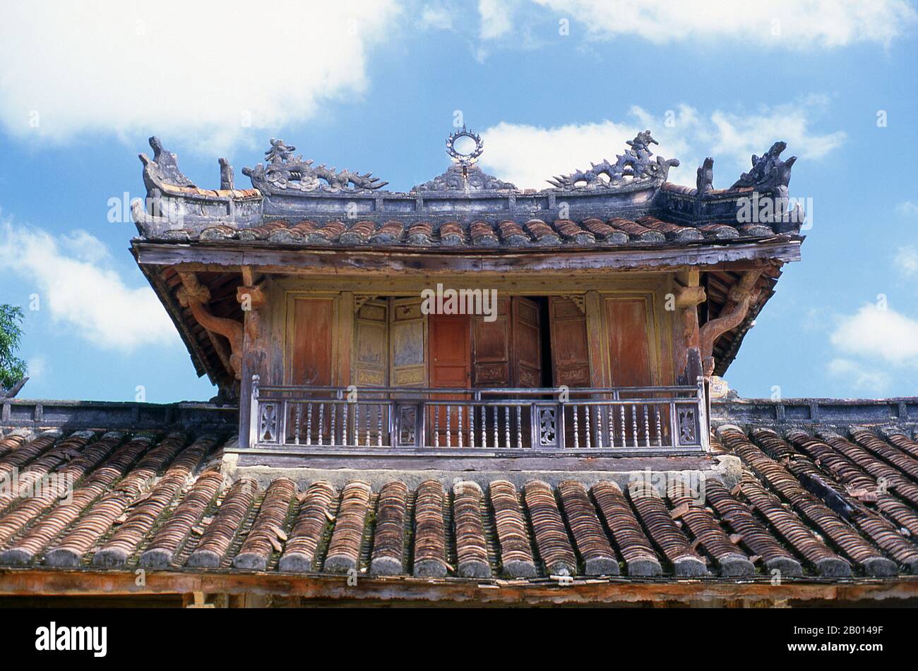 Vietnam: Roof detail on an outer building at the Tomb of Emperor Minh Mang, Hue.  Minh Mạng (1791–1841) was the second emperor of the Nguyen Dynasty of Vietnam, reigning from 14 February 1820 until 20 January 1841. Minh Mang was a classicist who was regarded as one of Vietnam's most scholarly monarchs. He was known as a poet and was regarded as an emperor who cared sincerely about his country and paid great attention to its rule, to the extent of micromanaging certain policies. He pursued a sceptical policy to Christian missionaries, often trying to inhibit their activities administratively. Stock Photo