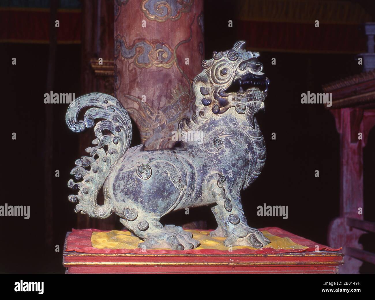 Vietnam: Bronze temple dog, Tomb of Emperor Minh Mang, Hue.  Minh Mạng (1791–1841) was the second emperor of the Nguyen Dynasty of Vietnam, reigning from 14 February 1820 until 20 January 1841. Minh Mang was a classicist who was regarded as one of Vietnam's most scholarly monarchs. He was known as a poet and was regarded as an emperor who cared sincerely about his country and paid great attention to its rule, to the extent of micromanaging certain policies. He pursued a sceptical policy to Christian missionaries, often trying to inhibit their activities by administrative means. Stock Photo