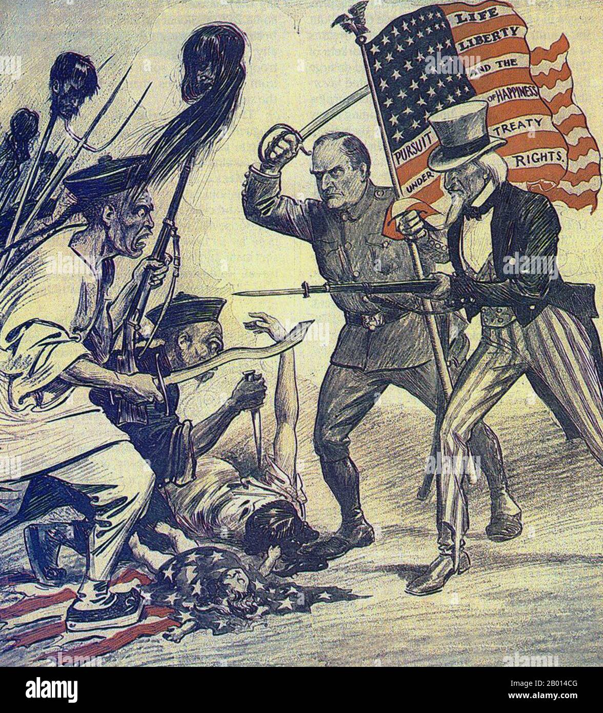 China/USA: A contemporaneous US interpretation of the American intervention in the 'Boxer Rebellion' (1899-1901). Drawing by William Allen Rogers (1854-1931), 1900.  The Boxer Rebellion, also known as Boxer Uprising or Yihetuan Movement, was a proto-nationalist movement by the Righteous Harmony Society in China between 1898 and 1901, opposing foreign imperialism and Christianity.  The uprising took place in response to foreign spheres of influence in China, with grievances ranging from opium traders, political invasion, economic manipulation, to missionary evangelism. Stock Photo