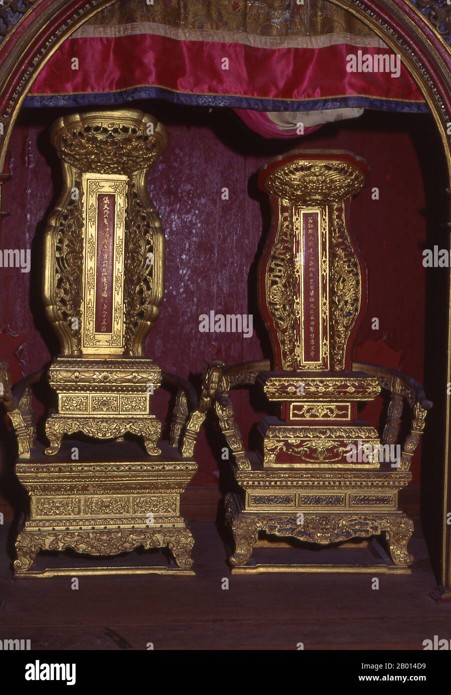 Vietnam: Ancestor tablets, Tomb of Emperor Thieu Tri, Hue.  Nguyễn Phúc Miên Tông (6 June 1807 – 4 November 1847) was the third emperor of the Vietnamese Nguyễn Dynasty taking the era name of Thiệu Trị. He was the eldest son of Emperor Minh Mạng, and reigned from 14 February 1841 until his death on 4 November 1847.  Emperor Thiệu Trị was much like his father Minh Mạng and carried on his conservative policies of isolationism and the entrenchment of Confucianism. Highly educated in the Confucian tradition, Thiệu Trị had some curiosity about the West, but like his father was very suspicious. Stock Photo