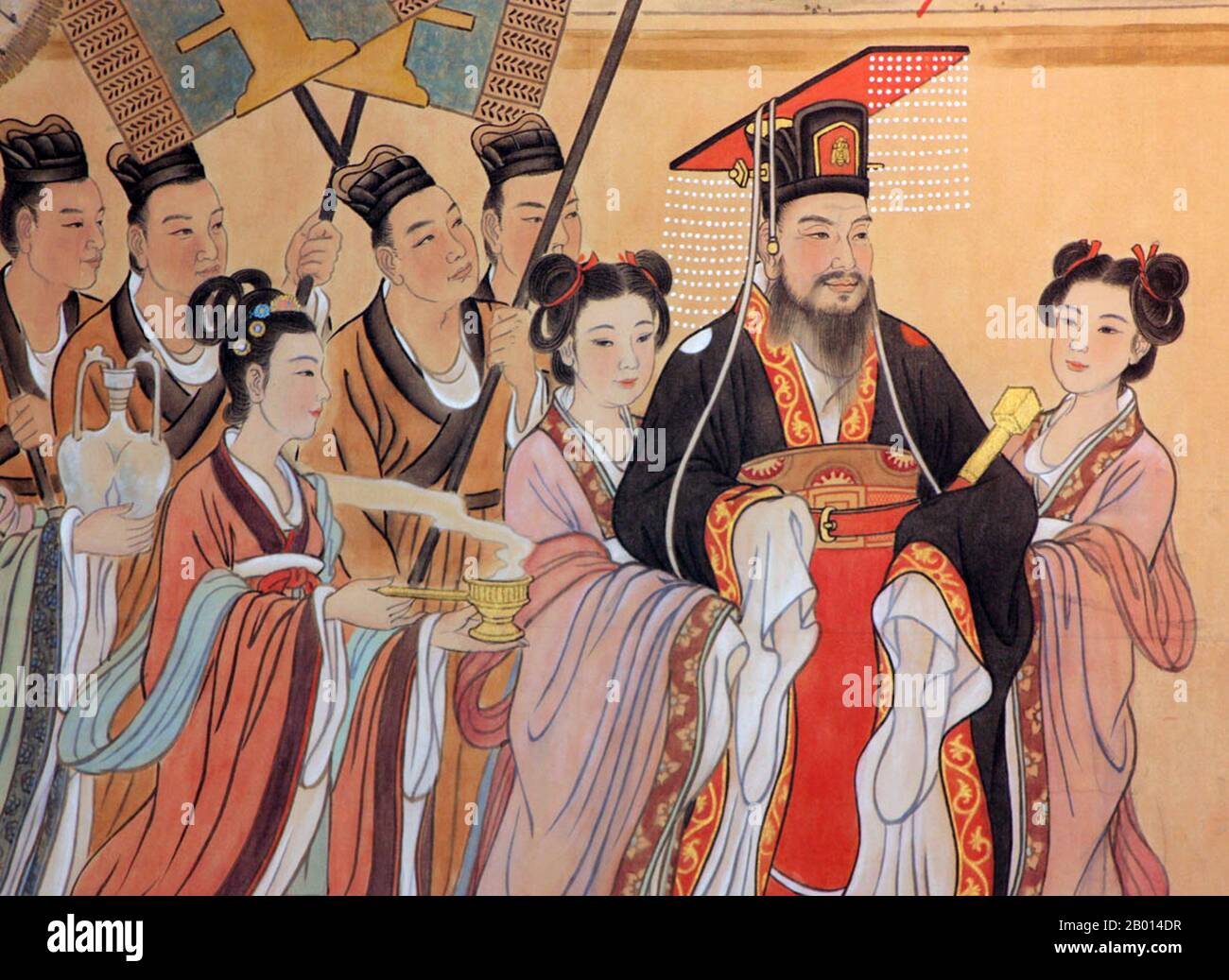 China: Mural of Emperor Wen (541–604), founder of the Sui Dynasty (r.581-604).   Emperor Wen of Sui, personal name Yang Jian, was the founder and first emperor of China's Sui Dynasty (581-618). He was a hard-working administrator. As a Buddhist, he encouraged the spread of Buddhism through the state. Emperor Wen's reign introduced a  period of great prosperity not seen since the Han Dynasty. Economically, the dynasty prospered. It was said that there was enough food stored for 50 years. The military was also powerful. Stock Photo