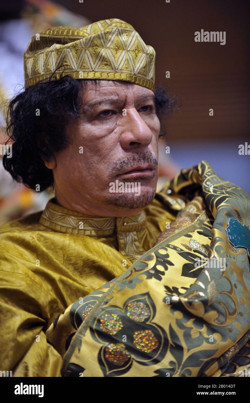 Libya: Muammar Gaddafi (1942 - 20 October 2011), Leader of the 'Revolution of the Great Socialist People's Libyan Arab Jamahiriya', at the 12th African Union Summit in Addis Ababa, Ethiopia. Photo by Jesse B. Awalt, February 2, 2009.  Muammar Muhammad Abu Minyar al-Gaddafi, commonly called Colonel Gaddafi, was a Libyan politician, revolutionary and political theorist. He ruled Libya after leading a military coup to overthrow King Idris in 1969, reforming the country into a republic, but was overthrown in the 2011 Arab Spring and slain by NATO-backed militants. Stock Photo