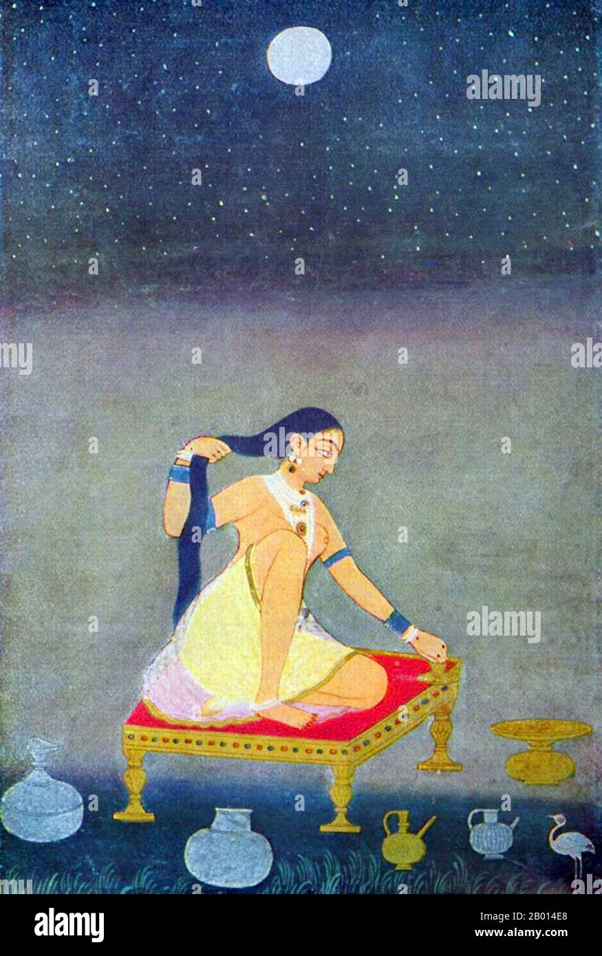 India: 'Radha at Night'. Mughal gouache on paper painting, c. 1650.  Radha, also called Radhika, Radharani and Radhikarani, is the childhood friend and lover of Krishna in the Bhagavata Purana, and the Gita Govinda of the Vaishnava traditions of Hinduism. Radha is almost always depicted alongside Krishna and features prominently within the theology of today's Gaudiya Vaishnava sect, which regards Radha as the original Goddess or Shakti. Radha is also the principal object of worship in the Nimbarka Sampradaya. Stock Photo