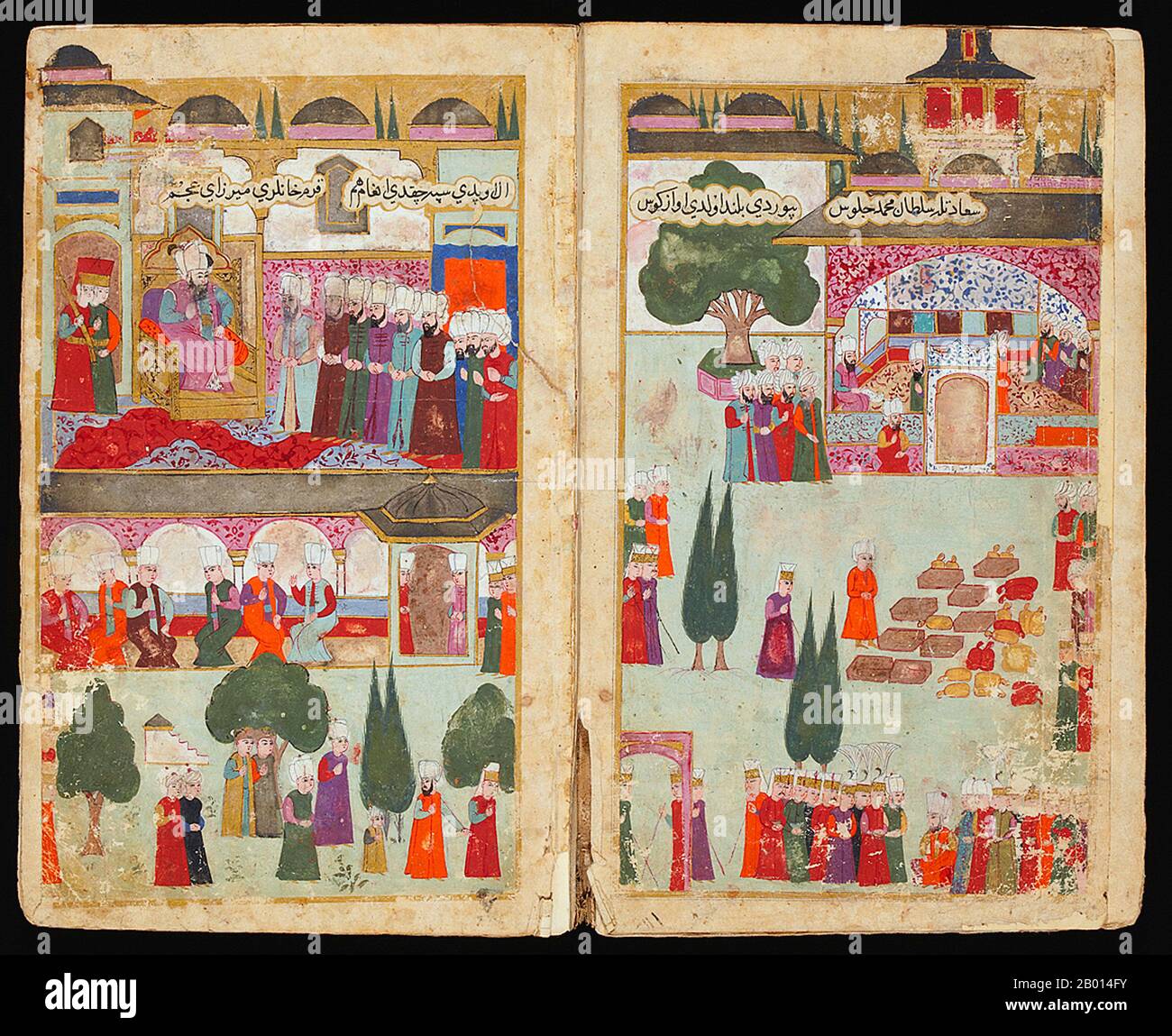 Turkey: 'Mehmed III's enthronement in the Davudpasha Pavilion'. Miniature paintings from an illustrated manuscript depicting the 1595 military campaign in Hungary by Ottoman Sultan Mehmed III, c. 1600.  Mehmed III Adli (May 26, 1566 – December 21/22, 1603) was sultan of the Ottoman Empire from 1595-1603. He remains notorious for having nineteen of his brothers and half brothers murdered to secure power. He also killed over twenty of his sisters. They were all strangled by deaf-mutes. Mehmed III was an idle ruler, leaving government to his mother Safiye. Stock Photo