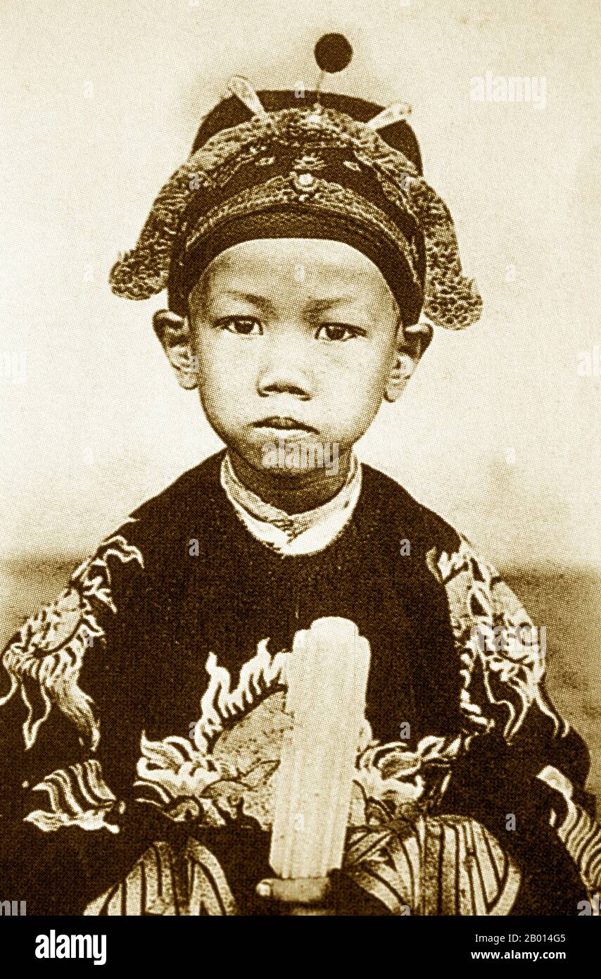 Vietnam: Duy Tan, child emperor of Annam (14 August 1899 - 25 December 1945), 11th emperor of the Nguyen Dynasty.  Emperor Duy Tân (Nguyễn Phúc Vĩnh San) was a child Emperor of the Nguyễn Dynasty and reigned for nine years between 1907 and 1916. His name was Prince Nguyễn Phúc Vĩnh San and was son of the Thành Thái Emperor. Because of his opposition to French rule and his erratic, depraved actions (which some speculate were feigned to shield his opposition from the French) Thành Thái was declared insane and exiled to Vũng Tàu in 1907. The French passed the throne to Duy Tan, who was seven. Stock Photo