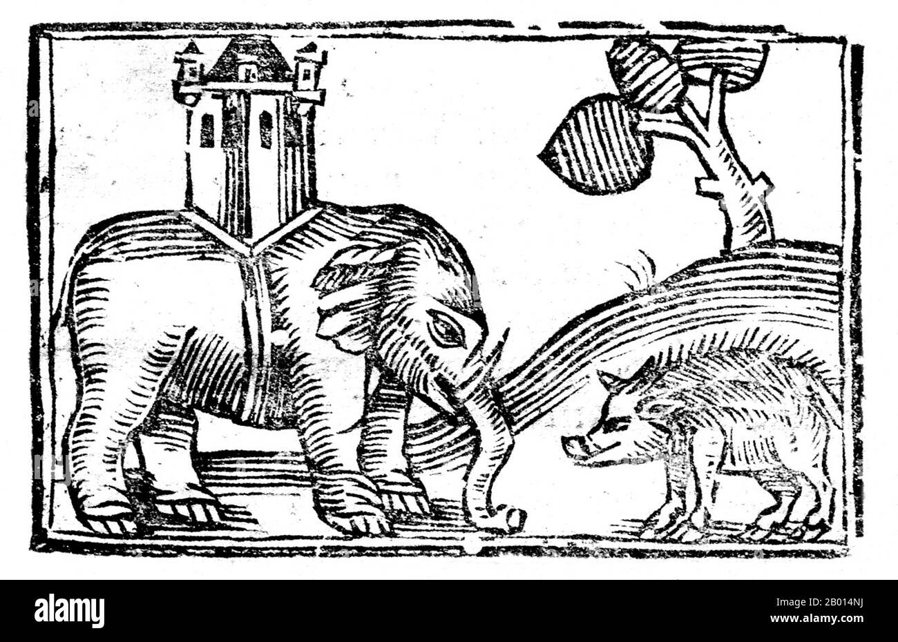 England: 'Elephant and Castle (with giant wild boar)'. Illustration from 'The Foreign Travels of John Mandeville', c. 1750.  'Jehan de Mandeville' (c. 1300-1372), translated as 'Sir John Mandeville', is the name claimed by the compiler of a singular book of supposed travels, written in Anglo-Norman French, and published between 1357 and 1371. By aid of translations into many other languages it acquired extraordinary popularity. Despite the extremely unreliable and often fantastical nature of the travels it describes, it was used as a work of reference by people such as Christopher Columbus. Stock Photo