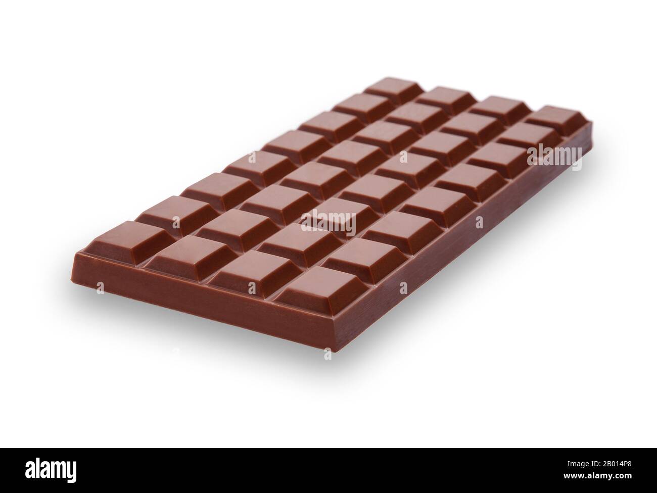 A perspective view of a bar of delicious and creamy milk chocolate, going slightly out of focus at the back, isolated on white with a drop shadow Stock Photo