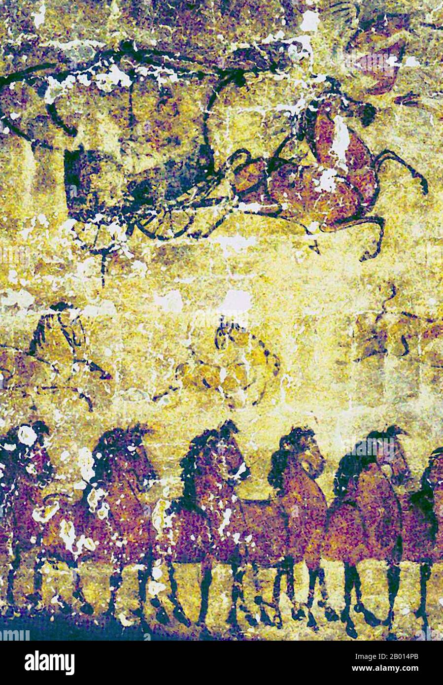 China: Han Dynasty tomb mural of horse and chariot, c.100 CE.  Eastern Han Dynasty (23-220 CE) mural of a group of horses and a horse pulling a covered chariot and rider. One of 57 murals from the Nei Menggu Helingeer/Holingor Tomb in Inner Mongolia, the tomb of a prominent official, landowner, and colonel of the Wuhuan Army. Stock Photo